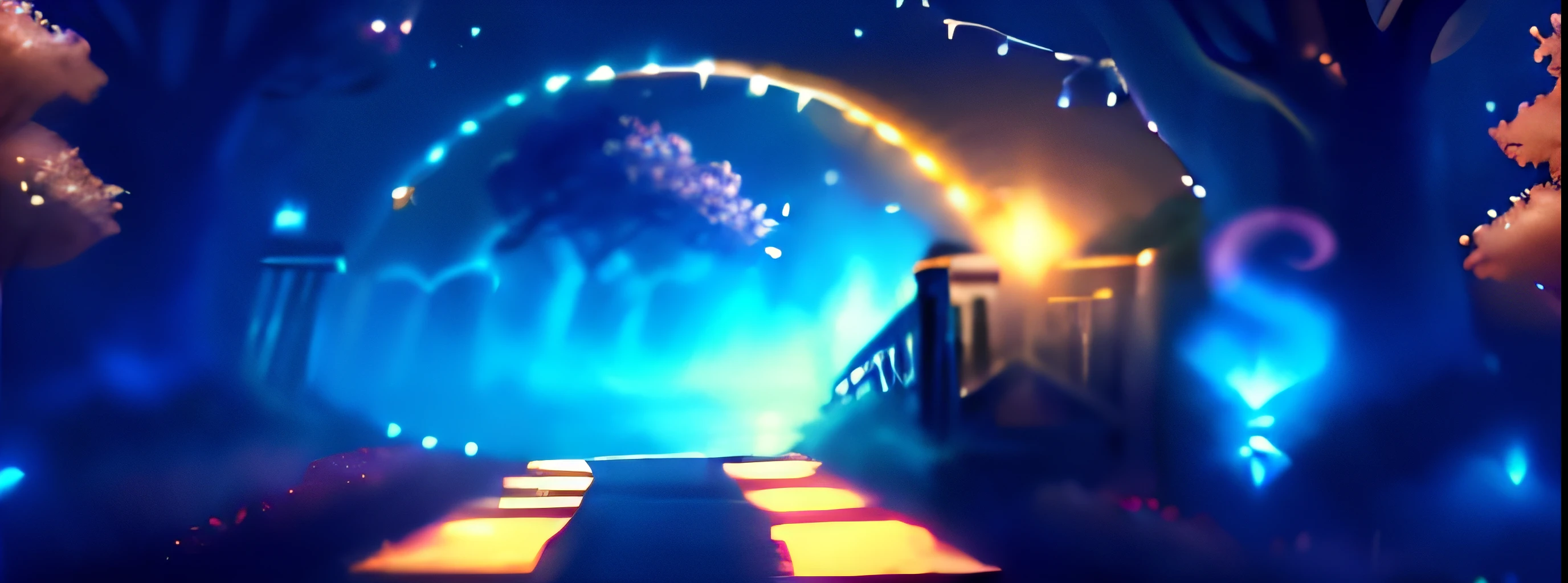 Stars in clouds, long path without people, next to a wooden bridge, beautiful flowers next to the bridge, river flowing under the bridge, shadows in trees, beautiful anime scenes, beautiful anime landscapes, sky at night, anime art, 8K wallpapers