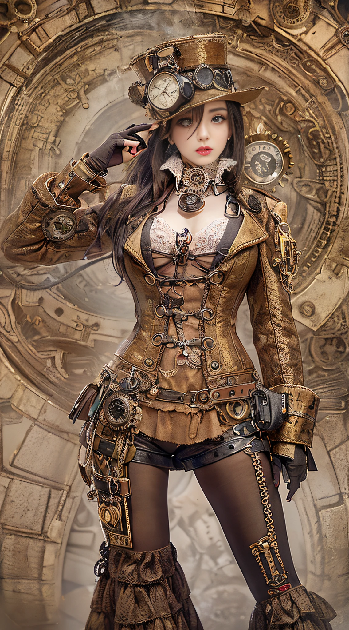 Woman in steampunk costume taking photo, wearing steampunk attire, steampunk fantasy style, (Steampunk), ( Steampunk ), a steampunk beautiful goddess, steampunk beautiful anime woman, Steampunk Girl, Steampunk style, steampunk fantasy, Steampunk, steampunk inventor girl, golden steampunk, steampunc, steampunc, Set in a steampunk world, Vivid steampunk concept