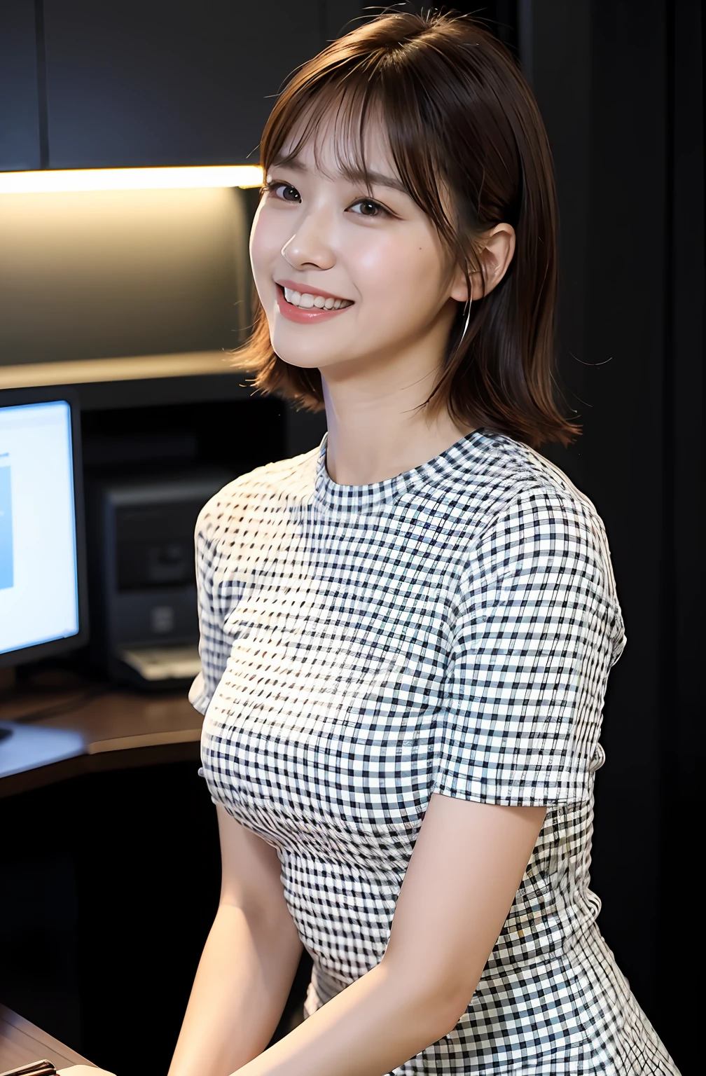 ((8K:1.27)、top-quality、​masterpiece、超A high resolution:1.2)Photo Beautiful Japan woman(pleasing:1.1) (The shirt:1.21) Elegance、There is a good、Gradient lighting、1girl in、Delicate skin、Look here、Brown-eyed、(short hair with bangs:1.2)、(breasts are large:1.0)、(medium areola:0.8)、(realisitic:1.4)、(top-quality:1.0)、(超A high resolution:1.0)、8K、Raw photography、(​masterpiece:0.2)、(pureerosface_v1:0.5)、Plaid Split Hem Bodycon Dress、Round Neck、Tight silhouette、 multi colored、Kamimei、excited expressions、Red cheeks、want me、Staring at this、Office at night、total darkness、computers、Monitor Light、erect through、total darkness、subject、Lean、Look here、Late Night Office、Laugh、up skirt、Panchira、pantiy、Futomo、huge tit、Bust with firmness