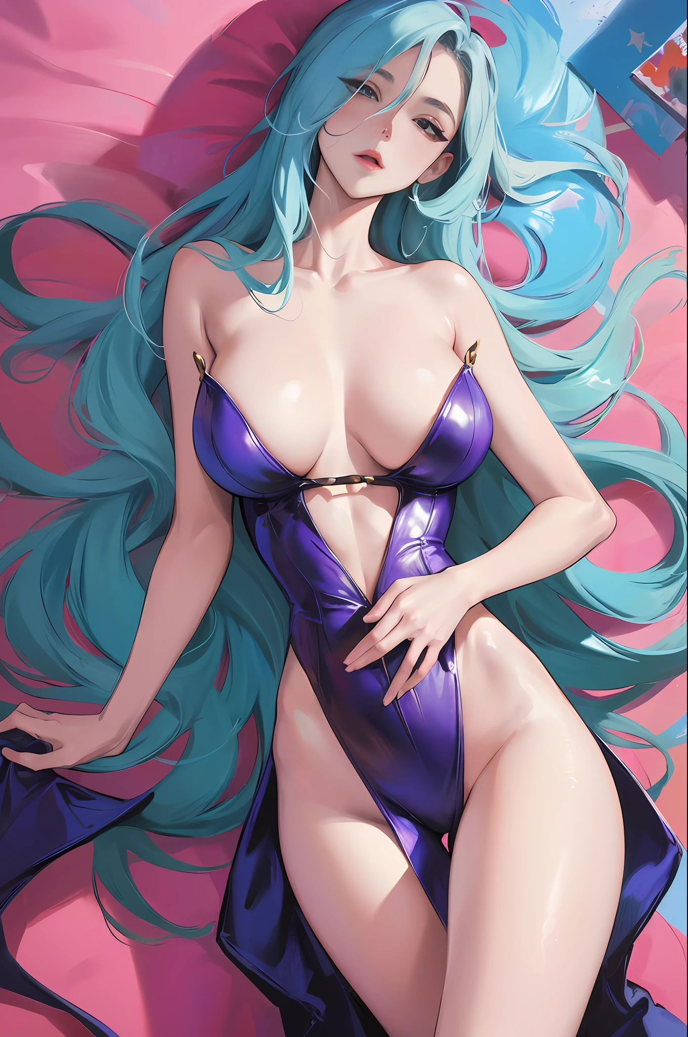 Illustration art, painting art, Whole body movement, Sexy woman in sexy clothes, Soprano Woman, Very cool facial expression, Gorgeous background, Great sexy art, painting art, Sexy art, Detailed body part details, frontage, Lateral face, on back, Inspired by J.c.Ryan Decker, Epic European and American illustrations, Tall, The whole body is evenly sexy