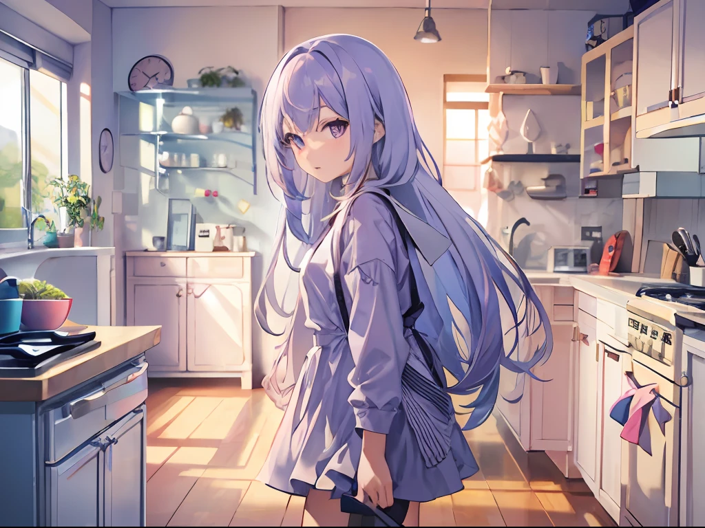 Best quality, tmasterpiece, A 12-year-old girl，Long light purple hair and purple eyes，Alone in the kitchen，Not serious