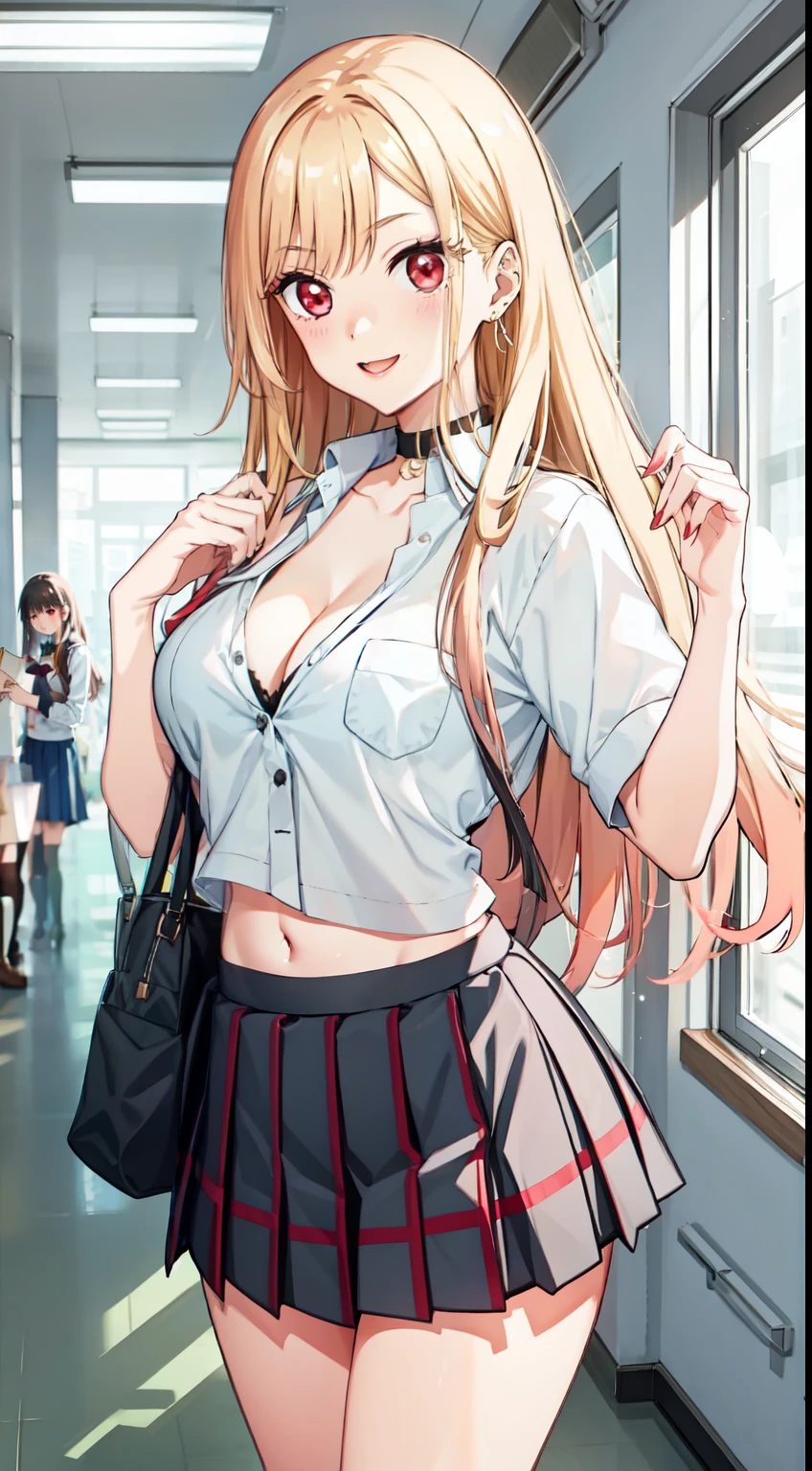 long hair, cleavage, navel, slim legs, blonde hair, skirt, Kitagawa marin, school uniform, class, navel, happy, red eyes