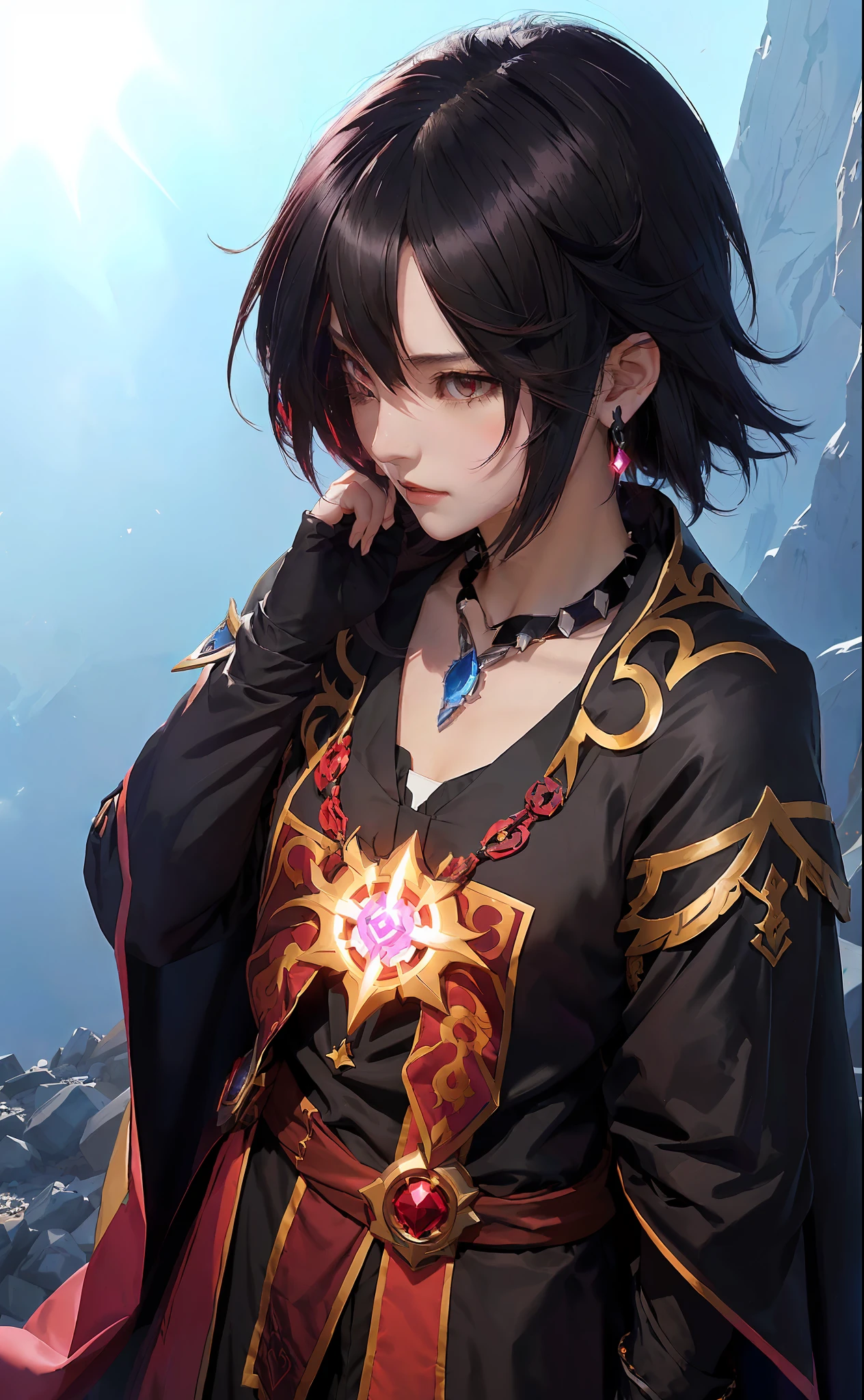 anime character with a necklace and a necklace around his neck, style of duelyst, half invoker half megumin, megumin, tsuaii, final fantasy tactics character, black - haired mage, fate grand order, tsukasa dokite, inspired by Li Chevalier, hyperlight drifter, wearing a brown cape, official art, with cape