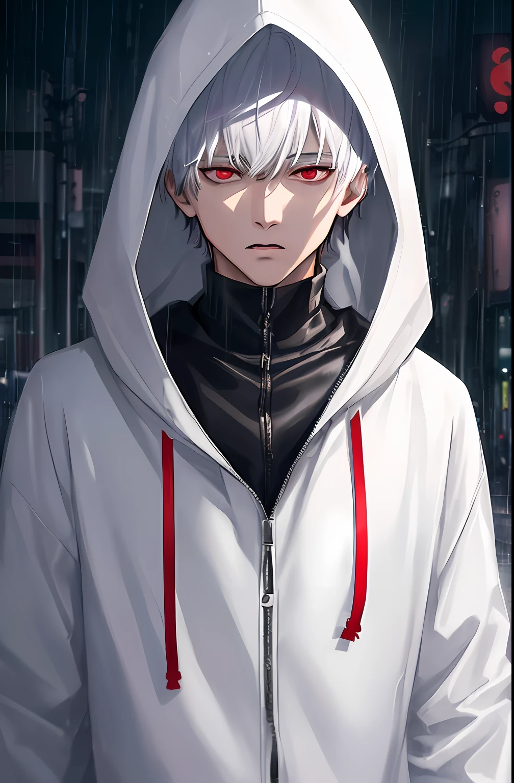 kk, best quality, more details, masterpiece, 1boy, kaneki ken, portrait, male focus, red eyes, solo, bangs, looking at viewer, hood, short hair, rain, tokyo tokyo \(city\), hood up, nail polish, white hair, luxurious, 8k, detailed, ray tracing, depth of field, cinematic lighting,