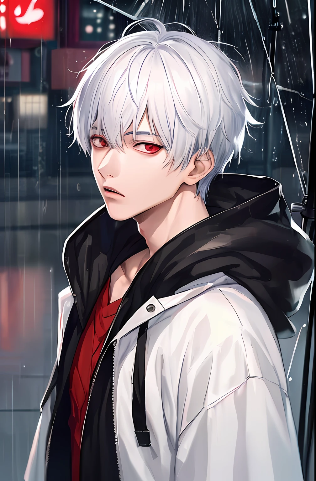kk, best quality, more details, masterpiece, 1boy, kaneki ken, portrait, male focus, red eyes, solo, bangs, looking at viewer, hood, short hair, rain, tokyo tokyo \(city\), hood up, nail polish, white hair, luxurious, 8k, detailed, ray tracing, depth of field, cinematic lighting,