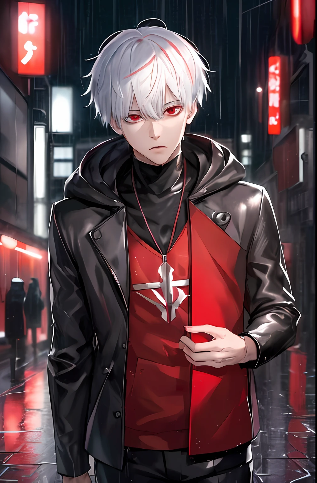 kk, best quality, more details, masterpiece, 1boy, kaneki ken, portrait, male focus, red eyes, solo, bangs, looking at viewer, hood, short hair, rain, tokyo tokyo \(city\), hood up, nail polish, white hair, luxurious, 8k, detailed, ray tracing, depth of field, cinematic lighting,