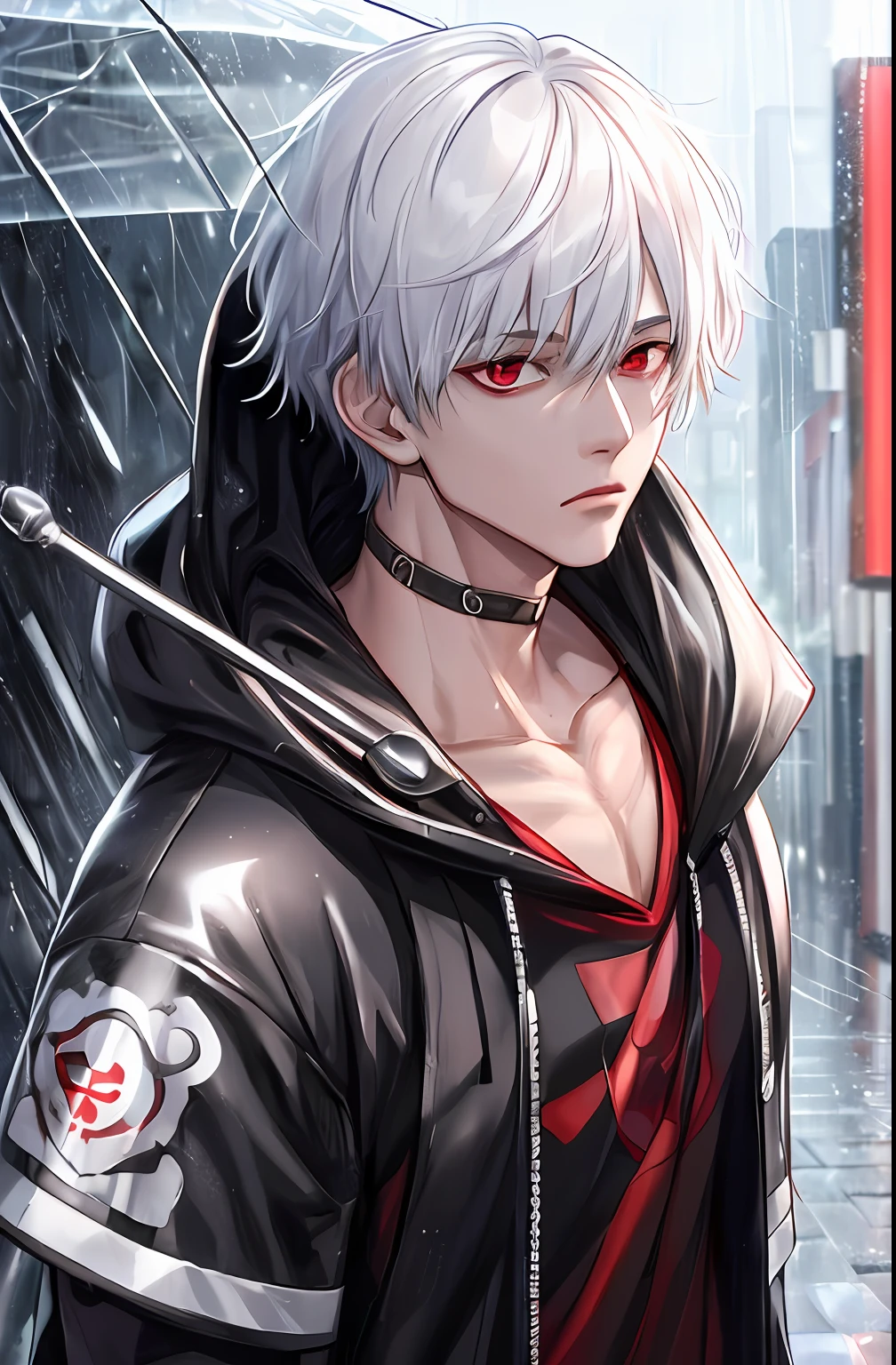 kk, best quality, more details, masterpiece, 1boy, kaneki ken, portrait, male focus, red eyes, solo, bangs, looking at viewer, hood, short hair, rain, tokyo tokyo \(city\),  hood up, nail polish, white hair, luxurious, 8k, detailed, ray tracing, depth of field, cinematic lighting,