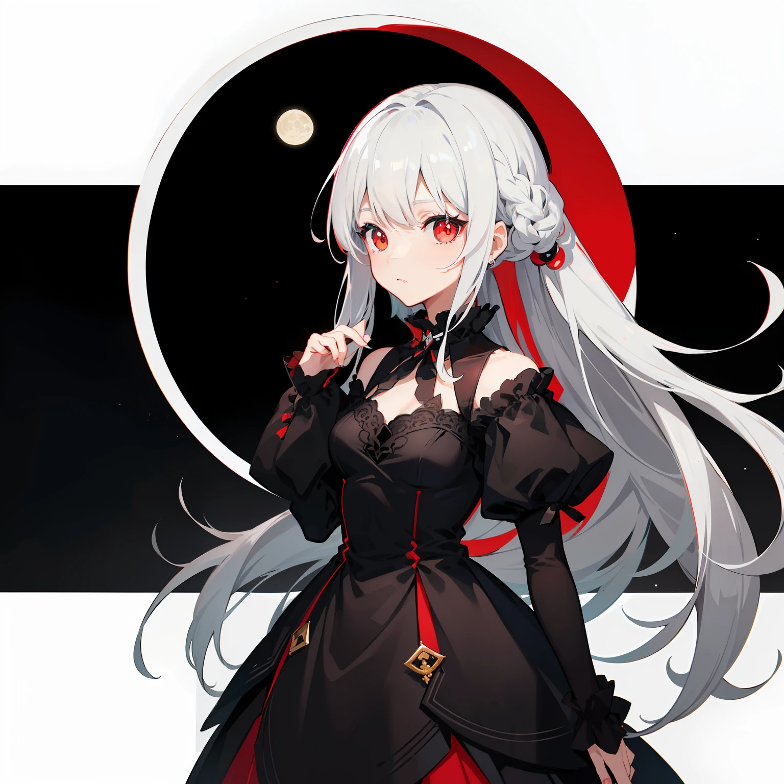 (masterpiece:1.2),(High Picture Quality),(style of anime),(Kizi),(black color dress),(moon full),(adolable),(Black, white and gray tones),(red dress),(white color hair),(red color eyes)