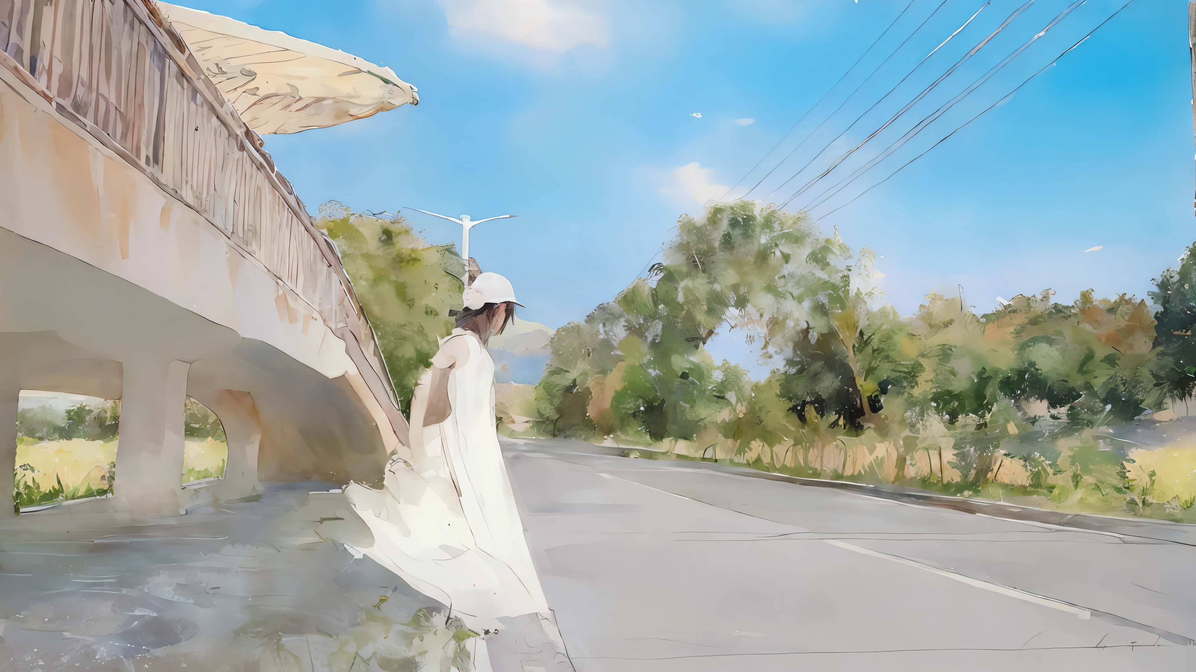 (Best Quality), (Masterpiece: 1.1), (Color: 0.9), (Splash Ink), (Splash Color), ((Watercolor)), Clear and Sharp Focus, Girl in White Dress Crossing the Road with a White Hat, There is a flyover behind the girl, a lot of greenery on both sides of the road, Blue Sky, 8K, Master Works