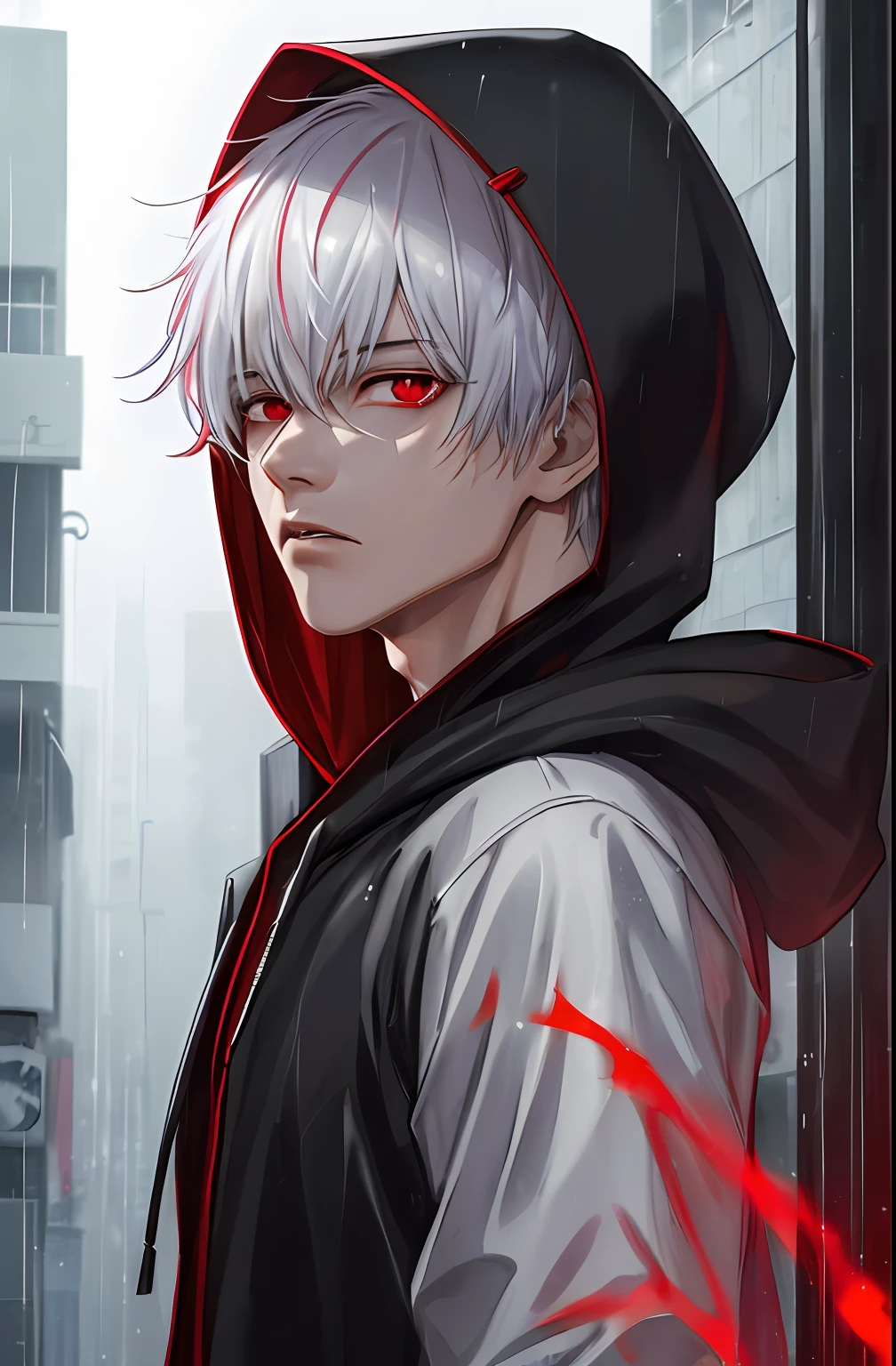 kk, best quality, more details, masterpiece, 1boy, kaneki ken, portrait, male focus, red eyes, solo, bangs, looking at viewer, hood, short hair, rain, tokyo tokyo \(city\),  hood up, nail polish, white hair, luxurious, 8k, detailed, ray tracing, depth of field, cinematic lighting,