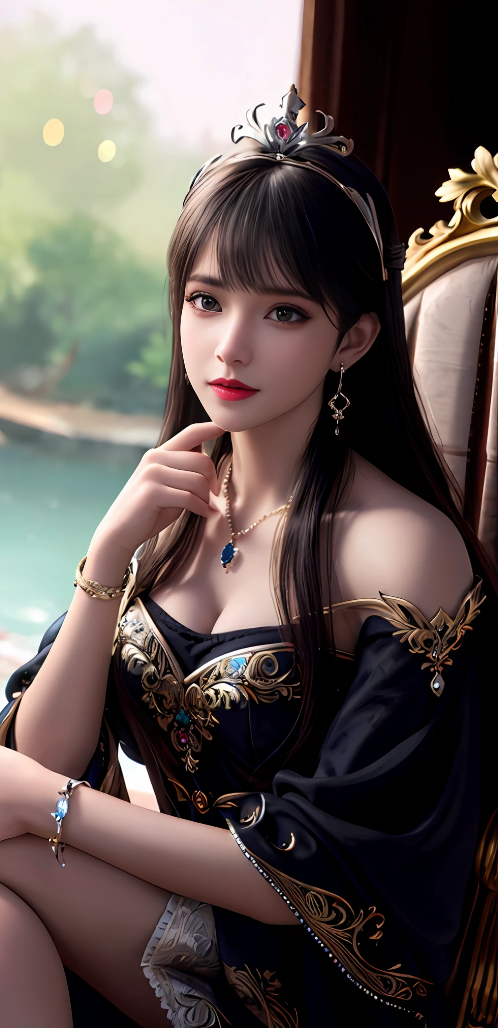 (realisticity: 1.2), best quality, 8K UHD, masterpiece, highres,cg,
1 super detailed girl, super detailed queen

, sitting on a super detailed royal throne, lud, xurious royal palace background, beautiful and detailed, super detailed long hair, wearing a beautiful and luxurious crown with diamonds and super detailed,

super detailed dress, Super detailed dress sleeves, super detailed beautiful earrings, 
 solo, jewelry, super detailed red and blue dress, pretty face, beautiful, and super detailed, Beautiful and beautiful necklace full of super detailed diamonds,

, earrings, super detailed hairdo, splashing, the upper body is very super detailed, super detailed hair bun, super detailed black hair,
lighting,candid,Photograph,high resolution,4k,8k,Bokeh,