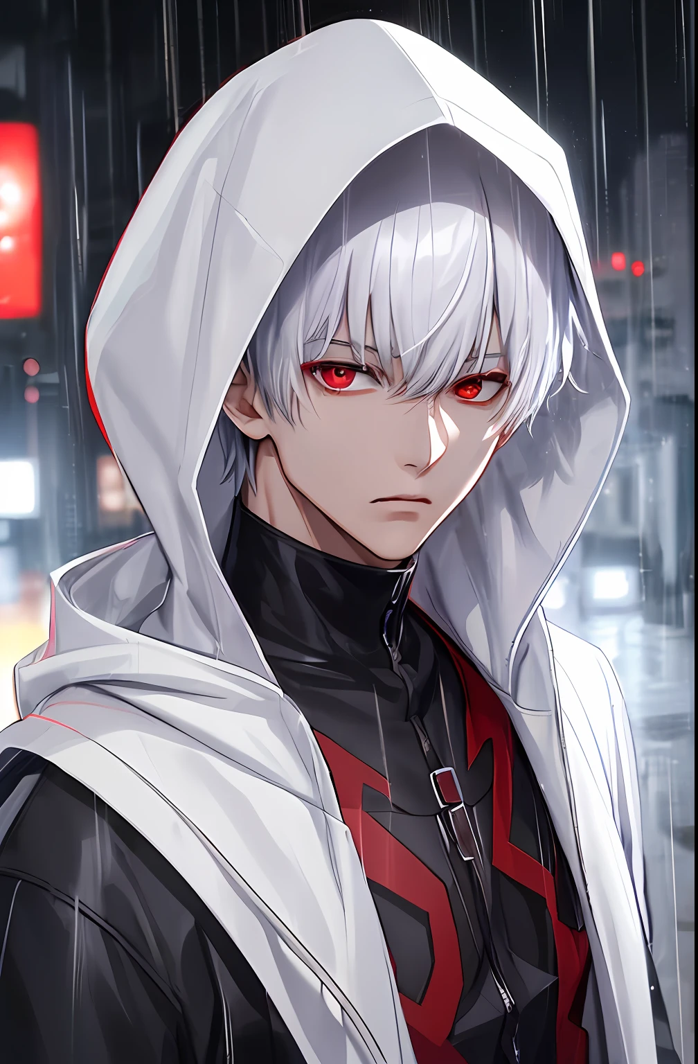 kk, best quality, more details, masterpiece, 1boy, kaneki ken, portrait, male focus, red eyes, solo, bangs, looking at viewer, hood, short hair, rain, tokyo tokyo \(city\), hood up, nail polish, white hair, luxurious, 8k, detailed, ray tracing, depth of field, cinematic lighting,