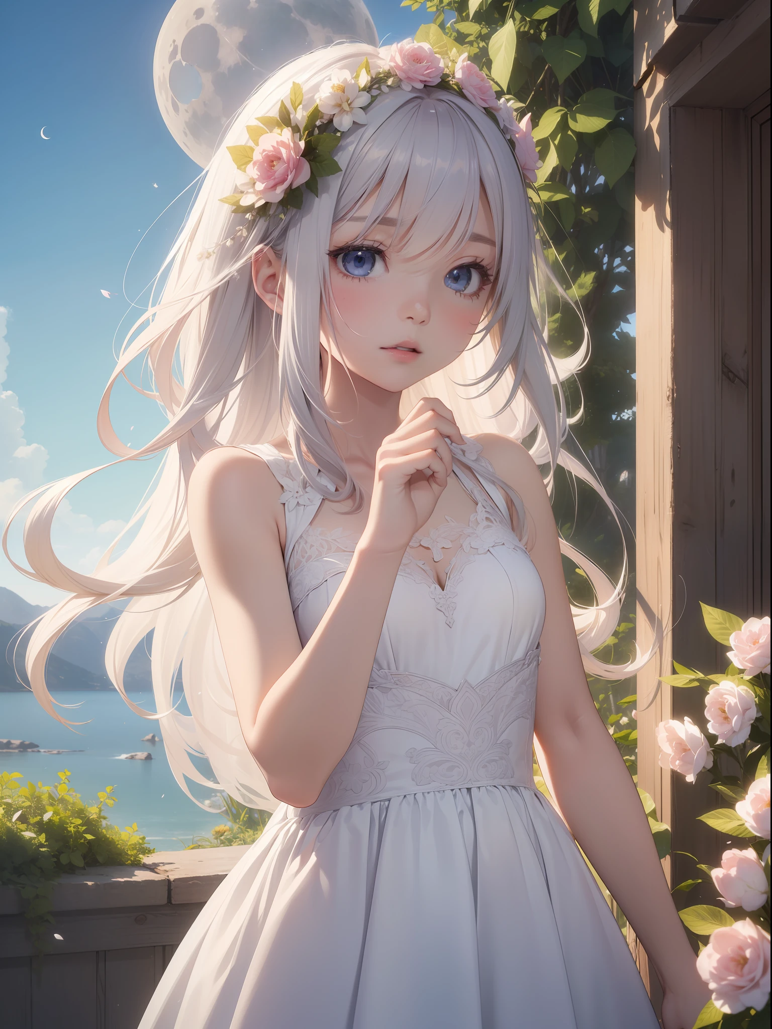 (((((kid)))))、1girl in、独奏、onepiece、Long、White dress、sitted、florals、verd s eyes、Skysky、plein air、a moon、Sleeveless dress、New Moon、stele（Skysky）、pink flowers、Wreath on the head、looking at the spectator、bare shoulders​、bangss、pillars、ruins、natta、sleeveless、grassy、flower petals、starrysky、breastsout、white blossoms、Very long hair、cherry trees、Keep your mouth shut、Bare arms, (Dynamic Pose, Very detailed and beautiful girl, intricate-detail, Beautiful detailed girl, Game CG, Highly detailed body, delicate and intricate hair, realistic and detailed face, Highly detailed eyes and face, Intricate details are beautiful and delicate eyes, Delicate arm and  hands, Human Hands, Real skin texture, Exquisite fabric, plein air, Indoor , beautiful and clear background, absurdity, High-precision details, Highly detailed CG Unity 8K, Ultra-detailed)