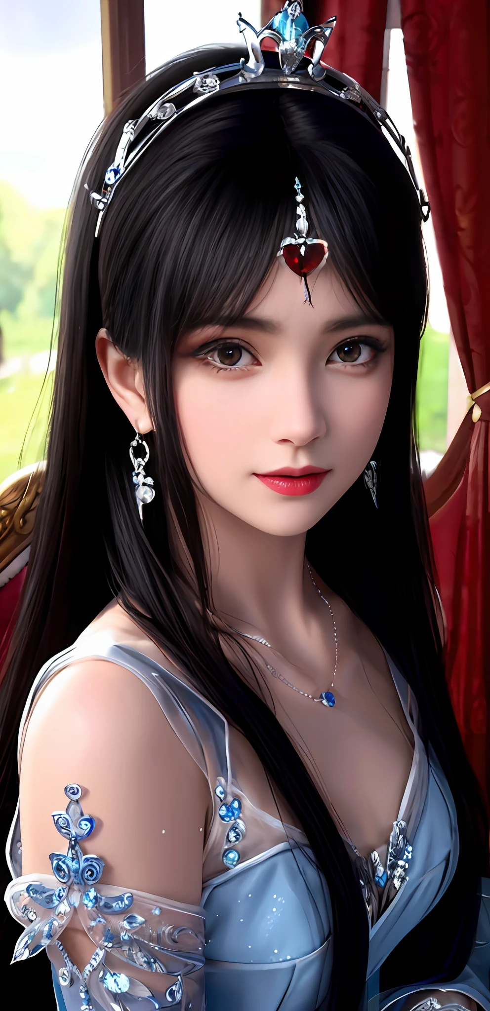 (realisticity: 1.2), best quality, 8K UHD, masterpiece, highres,cg,
1 super detailed girl, super detailed queen

, sitting on a super detailed royal throne, lud, xurious royal palace background, beautiful and detailed, super detailed long hair, wearing a beautiful and luxurious crown with diamonds and super detailed,

super detailed dress, Super detailed dress sleeves, super detailed beautiful earrings, 
 solo, jewelry, super detailed red and blue dress, pretty face, beautiful, and super detailed, Beautiful and beautiful necklace full of super detailed diamonds,

, earrings, super detailed hairdo, splashing, the upper body is very super detailed, super detailed hair bun, super detailed black hair,
lighting,candid,Photograph,high resolution,4k,8k,Bokeh,