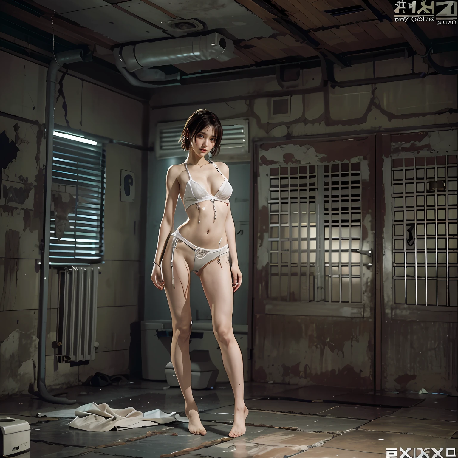 jail cell,Resident Evil,Sexy standing pose,Random white sexy little lingerie and panties,Full body portrait 1.1,18 years old girls,lean and slender body,Skinny,Smaller bust,The barefoot,Leaky ,Leakage of all breasts,Naked all over the body,facing to audience