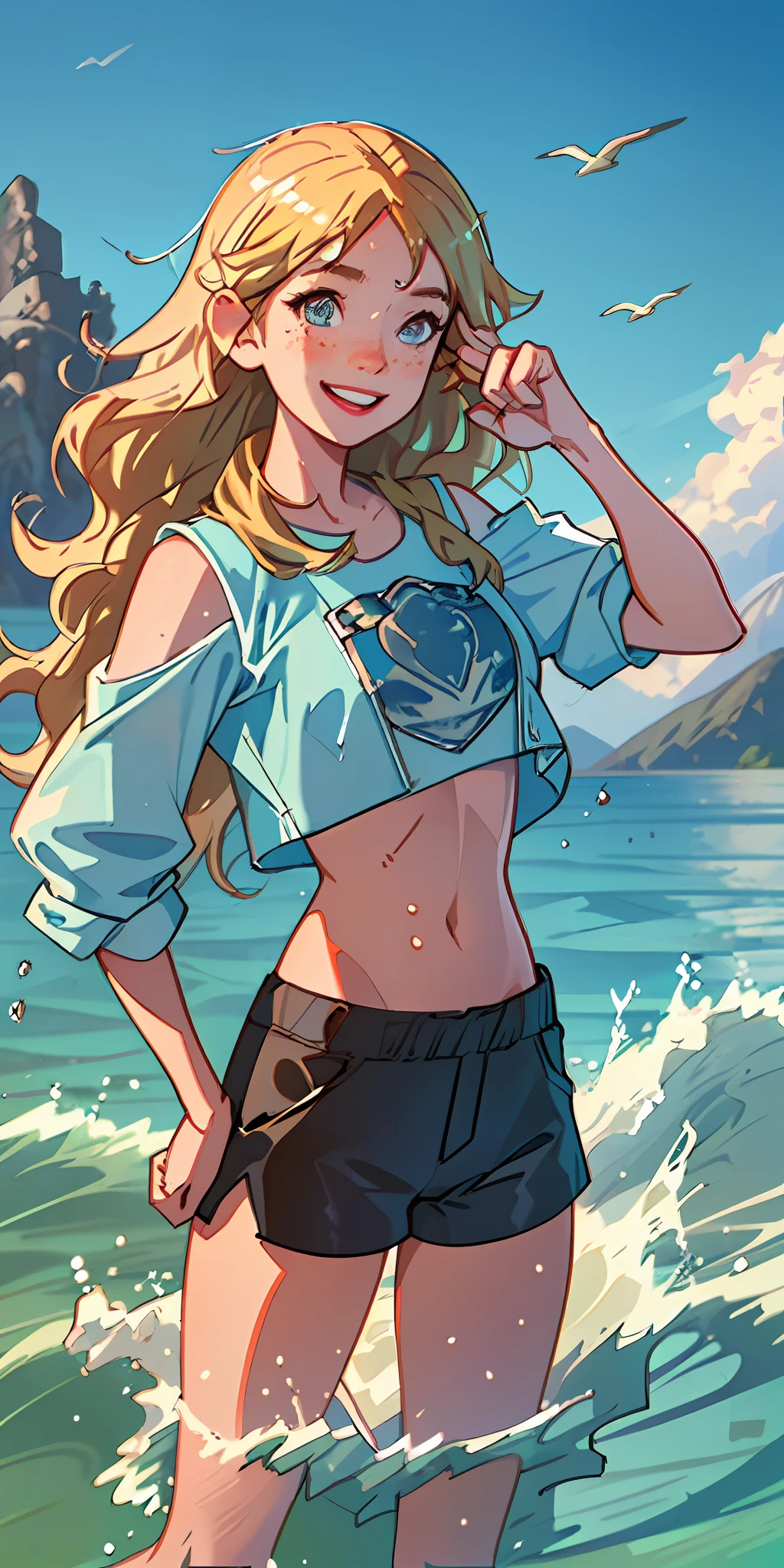(best quality, masterpiece), 1girl, paw pose, smile, laughing, ocean, crop top, shorts, blonde, freckles, blush, looking at viewer, wavy hair, cloud, splashing, waves, sun, mountain, wet