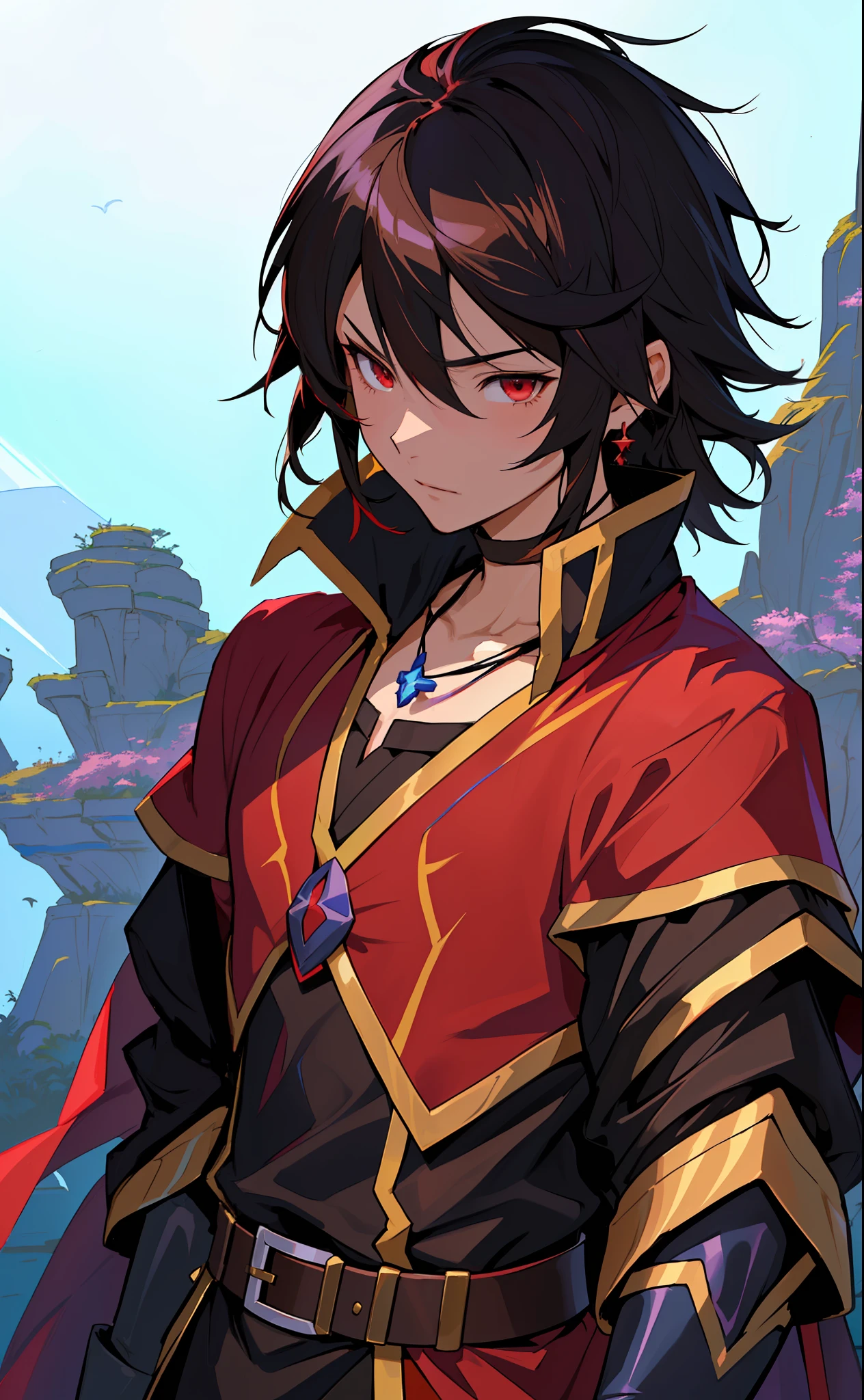 anime character with a necklace and a necklace around his neck, style of duelyst, half invoker half megumin, megumin, tsuaii, final fantasy tactics character, black - haired mage, fate grand order, tsukasa dokite, inspired by Li Chevalier, hyperlight drifter, wearing a brown cape, official art, with cape
