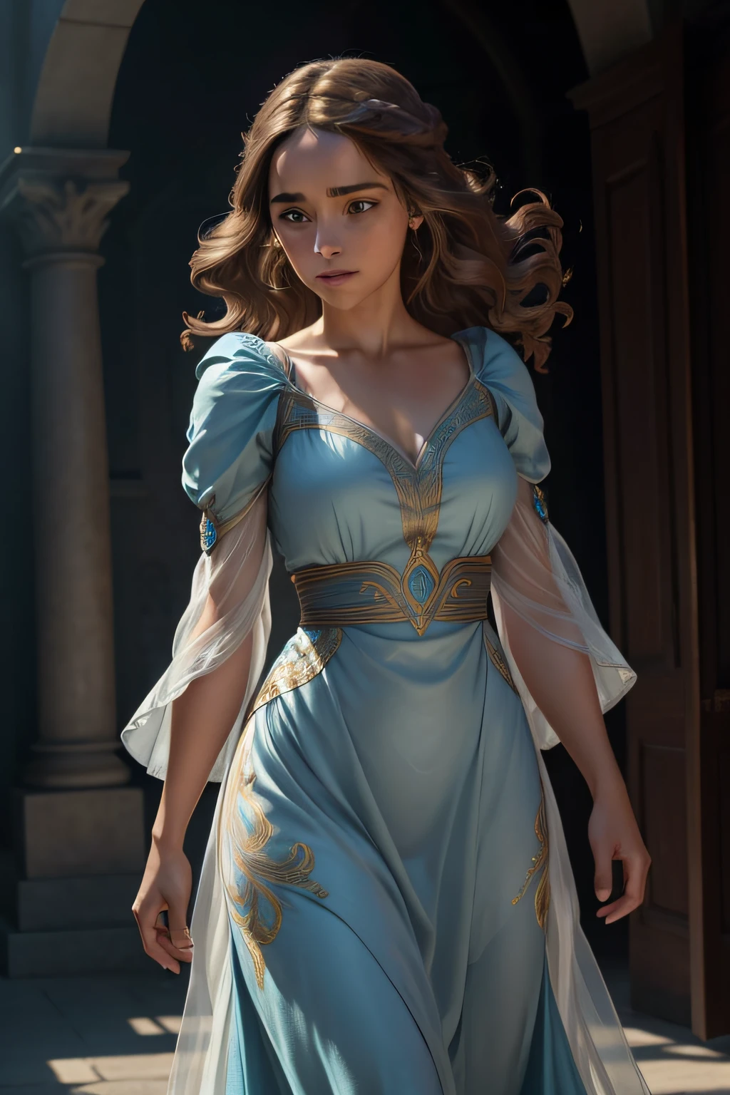 corpo inteiro, pose de caminhada, slow-motion, inspirado em Emilia Clarke, dragonlance illustration, cinematiclight, fantasia, alta qualidade, ultra detalhado, melhor qualidade, obra-prima, (rosto detalhado), vestido feito de seda, cristais de brasa flutuantes, brown hair jewelry, metal refletindo a luz do sol, (foco no corpo: 1,25), light blue sky, cabelo longo encaracolado, olhos purpura, emitir magic energy, escuro, Reflection of light Woman wearing several layers of full body (manto pesado: 1.2), (Blue long dress with intricate pattern: 1.2), (mais alta qualidade, Alessandro Casagrande, Greg Rutkowski, Sally Mann, arte conceitual), (analogue:1.2), (alta nitidez), (alunos detalhados:1.1), (pintura:1.1), rosto e olhos detalhados , Obra-prima, melhor qualidade, , (cor de cabelo castanho, Dynamic hairstyle), (pureerosface_v1:0.1), masterpiece, best quality, ultra-detailed, best shadow), (detailed background), (beautiful detailed face, beautiful detailed eyes), High contrast, (best illumination, an extremely delicate and beautiful), (girl:1.5), ((Not relevant.)), ((caustic)), dynamic angle, beautiful detailed glow, (portrait:0.2),dynamic angle, beautiful detailed glow, (portrait:0.2)