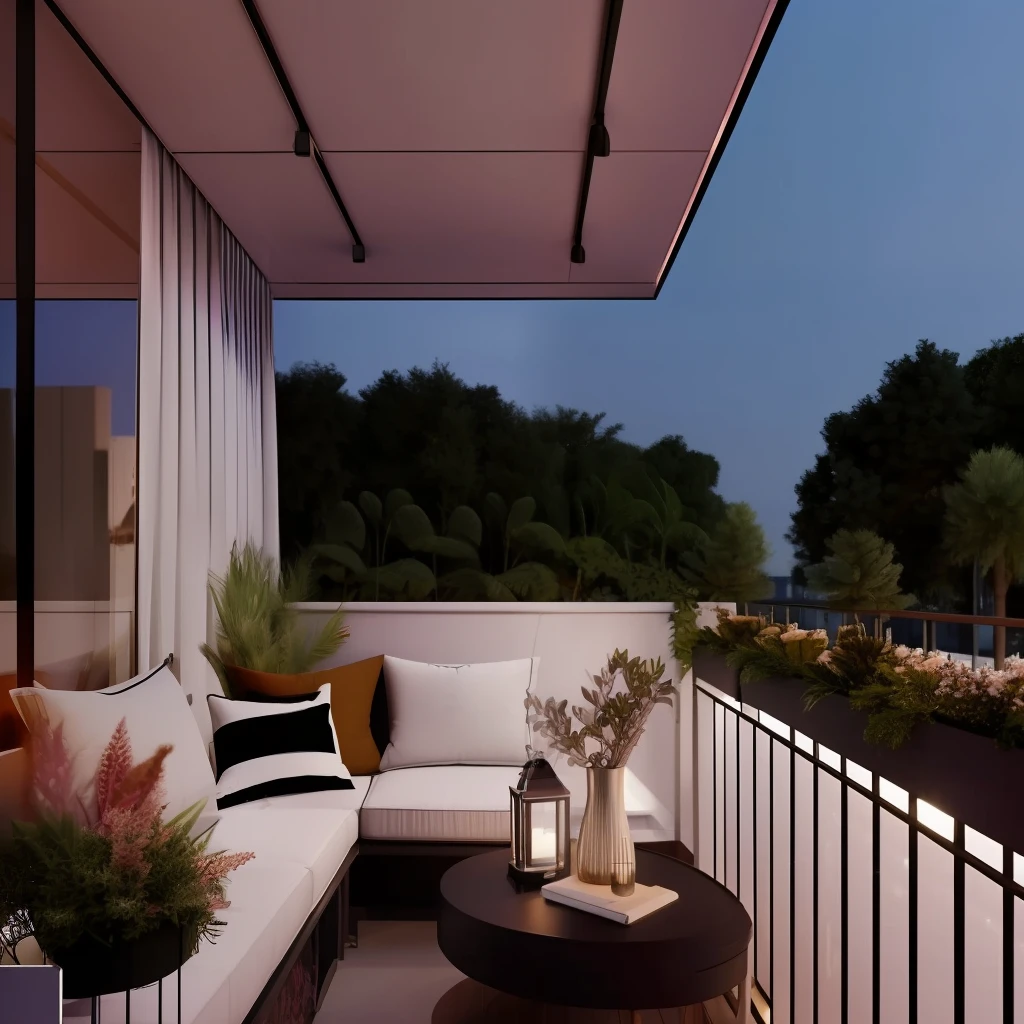 gdmint luxury modern interior design, (balcony), dark night, flower boxes, multicolored flowers,