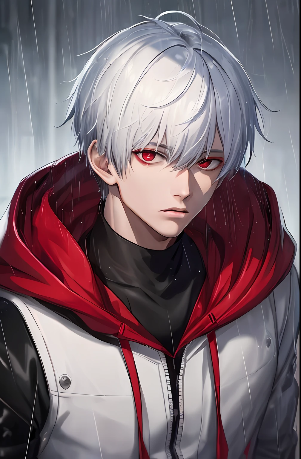 kk, best quality, more details, masterpiece, 1boy, kaneki ken, portrait, male focus, red eyes, solo, bangs, looking at viewer, hood, short hair, rain, tokyo tokyo \(city\),  hood up, nail polish, white hair, luxurious, 8k, detailed, ray tracing, depth of field, cinematic lighting,