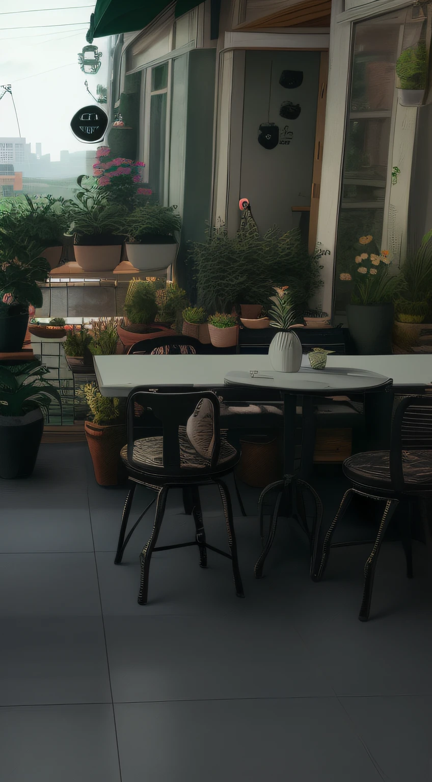 panda ,flower, no_humans, window, chair, table, plant, scenery, door, potted_plant, stool, vase, flower_pot, cafe, cutebuild style