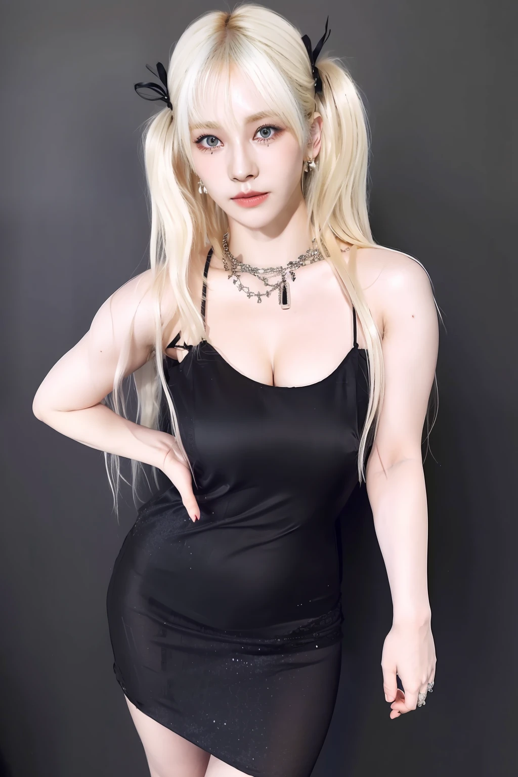 (8k, 4k, best quality, highres:1.1), ( realistic, photo-realistic:1.1), 1girl, solo, face, twintails, blonde hair, bangs, long_hair, necklace, earrings, lips, eyeshadow, jewelry, (looking at viewer:1.8), spaghetti strap, black nightgown,
detailed, high contrast,