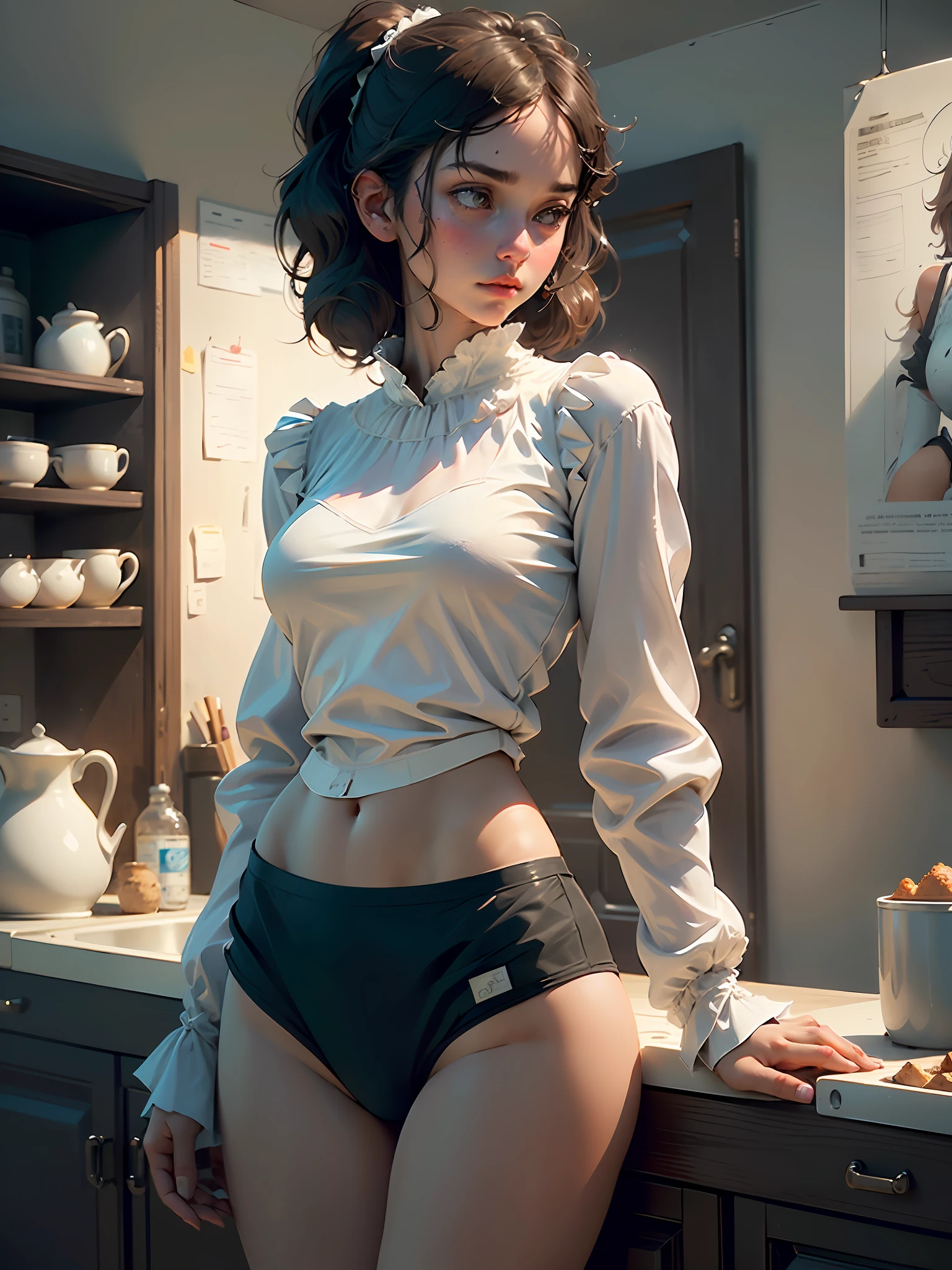 solo, stand in the kitchen, a girl, white shirt, milk falls on the chest area of the shirt, (delicate illustration:1.4), (renaissance art:1.4), (masterpiece:1.0), (best quality:1.4), (ultra highres:1.2), (photorealistic:1.4), (8k, RAW photo:1.2), (soft focus:1.4), (18yo:1.3), (sharp focus:1.4), detailed beautiful face, (((mid thigh up))) (((black panties))