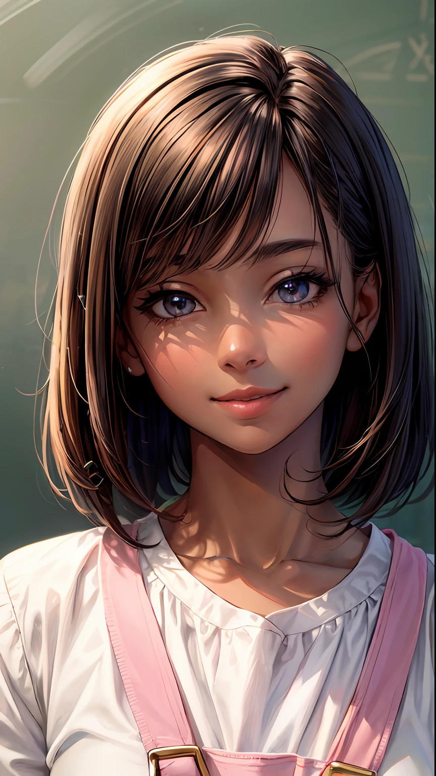 kawaiitech,pastel color, kawaii, cute colors ,classroom, pink, scholar , scroll, 1girl ,long hair, dark skin, brown hair, hair, glowing eyes, smile ,closed mouth,bob cut, ((Best quality)), ((masterpiece)), (highly detailed:1.3), (photorealistic:1.4)