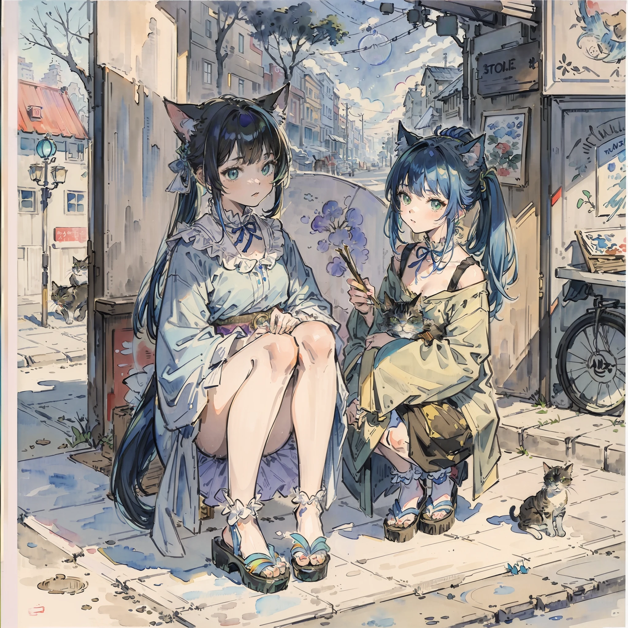 ((Best quality1.3))、Cats、((Watercolor Paint))、((With cats)),A detailed, hyper realistic rendering、((Street style))、planet of the cats、Cute clothes((frilld))、urbane、meow、blue hairs((rainbow-colored hair))