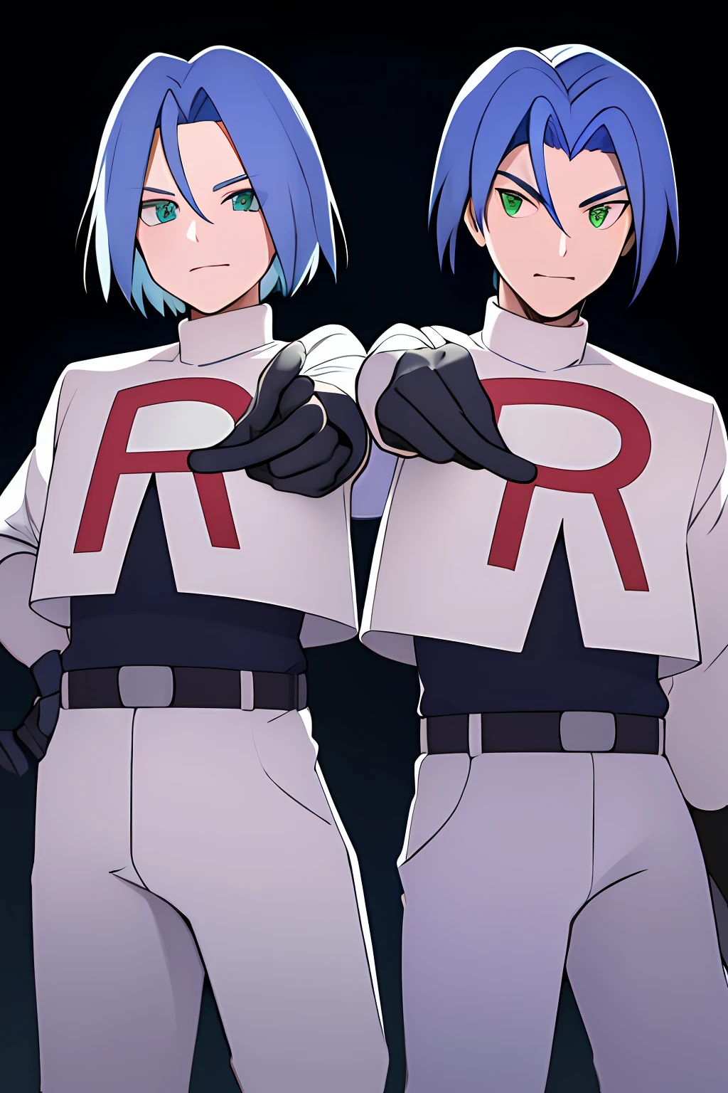 Man's, James, Blue hair, Green eyes, White Team Rocket Costume, Standing in the city, ambient lights,  short black gloves, Red R on clothes，Only one person，