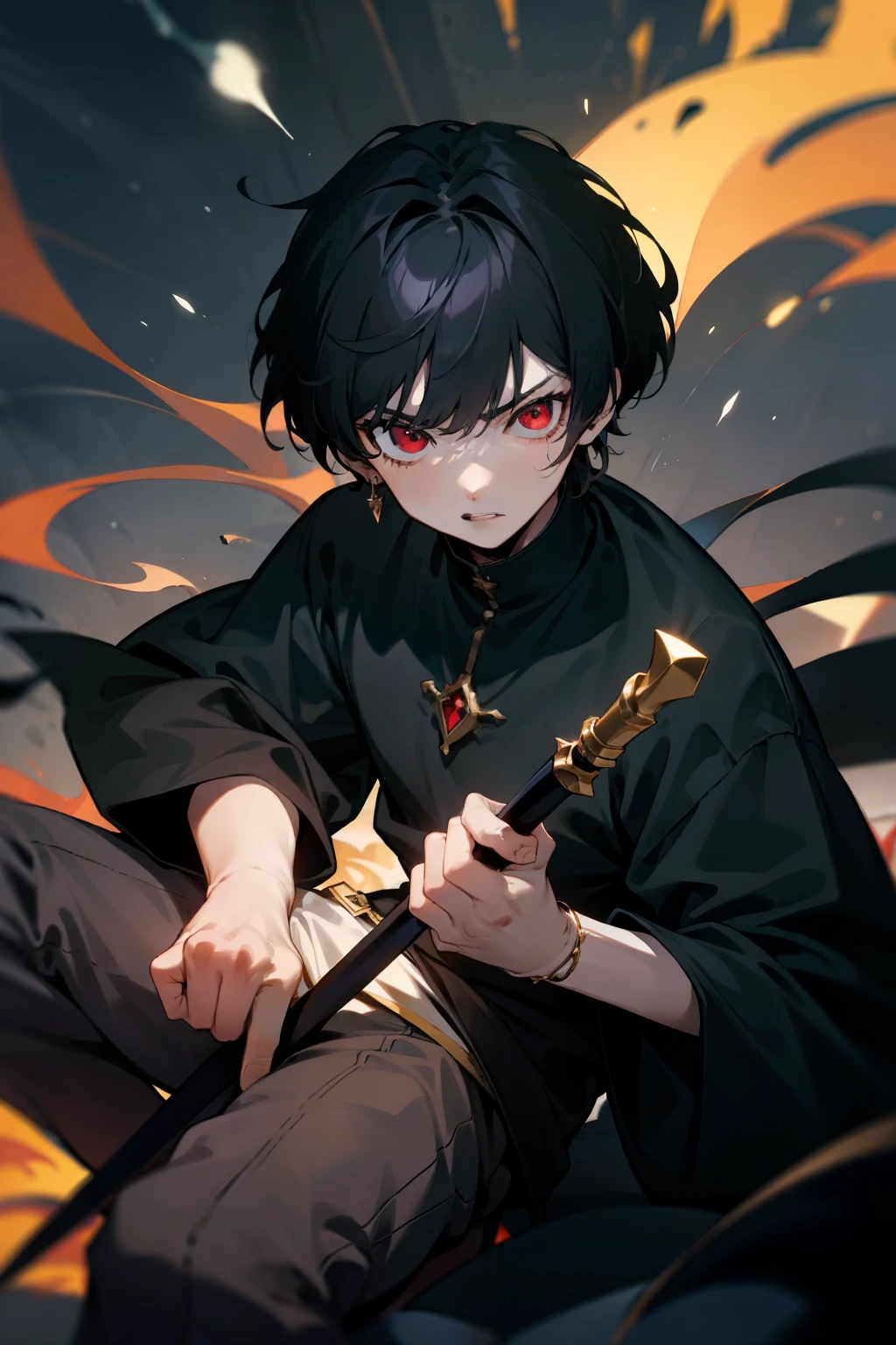 Men around 12 years old,with short black hair,Unilateral bangs,Only one dark red eye is revealed,The expression is indifferent,In his left hand, he holds a black dagger,The blade of the dagger burned with dark purple flames,Dressed in medieval thorn jewelry