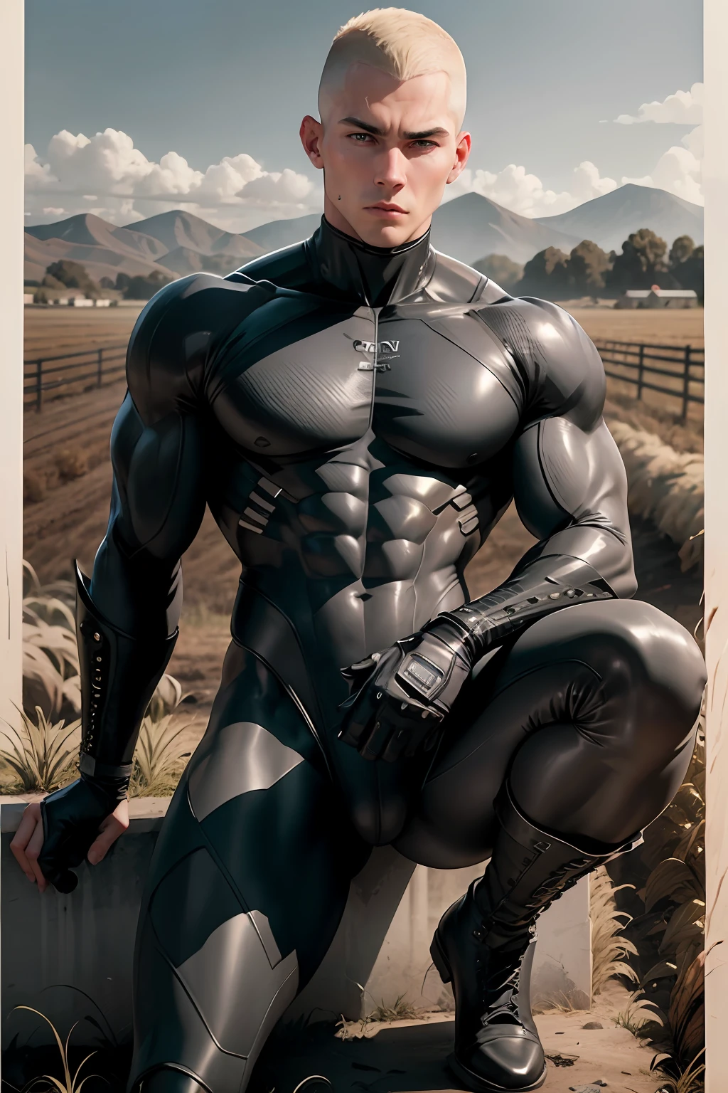 blonde_hair, buzz cut, bodysuit, boots, clenched hand, clenched hands, full body, male focus, muscular, grey and black bodysuit, solo, ruined farm backdrop, danger atmosphere, villain