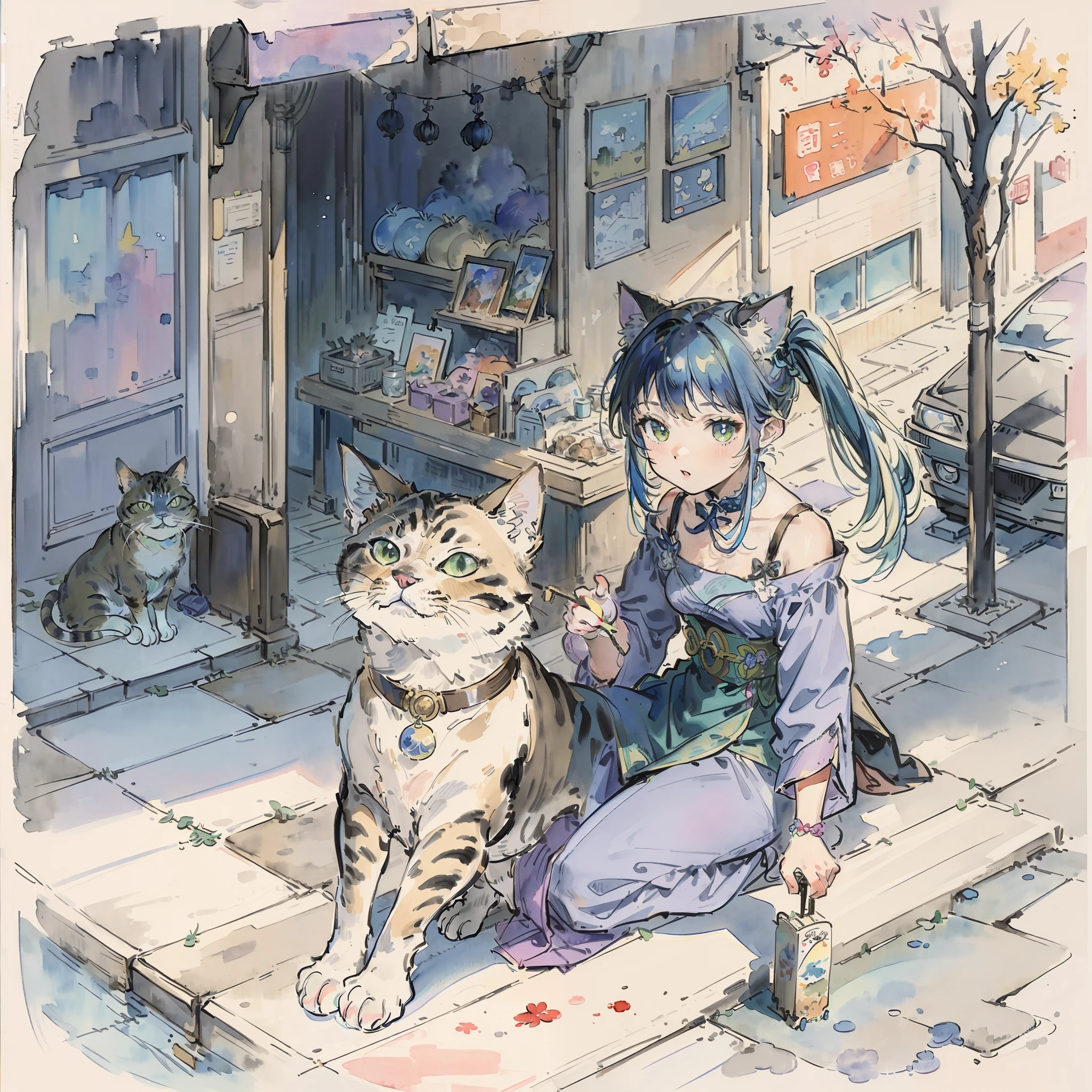 ((Best quality1.3))、Cats、((Watercolor Paint))、((With cats)),A detailed, hyper realistic rendering、((Street style))、planet of the cats、Cute clothes((frilld))、urbane、meow、blue hairs((rainbow-colored hair))