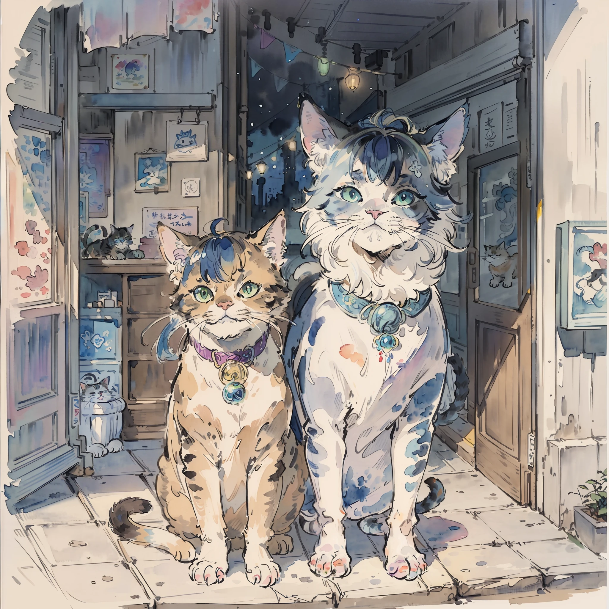 ((Best quality1.3))、Cats、((Watercolor Paint))、((With cats)),A detailed, hyper realistic rendering、((Street style))、planet of the cats、Cute clothes((frilld))、urbane、meow、blue hairs((rainbow-colored hair))