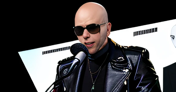 arafed bald man in black leather jacket and sunglasses speaking into a microphone, michael dante dimartino, adar darnov, taken in the late 2010s, no hair completely bald, gary montalbano, bald, a bald, bald with short beard, taken in the early 2020s, yan morala, lindsay adler, bald man