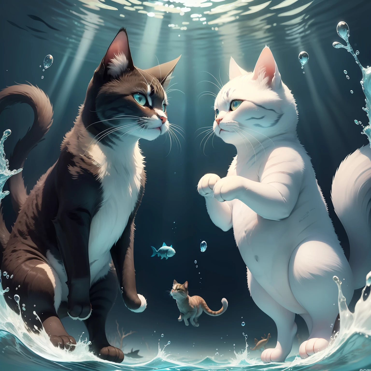 Imagine the world at the bottom of the ocean。Cats swimming beautifully like mermaids、Occasionally surfaced、Stand on two legs and interact with sea life。Try to depict the fascinating harmony between cats and the marine world。