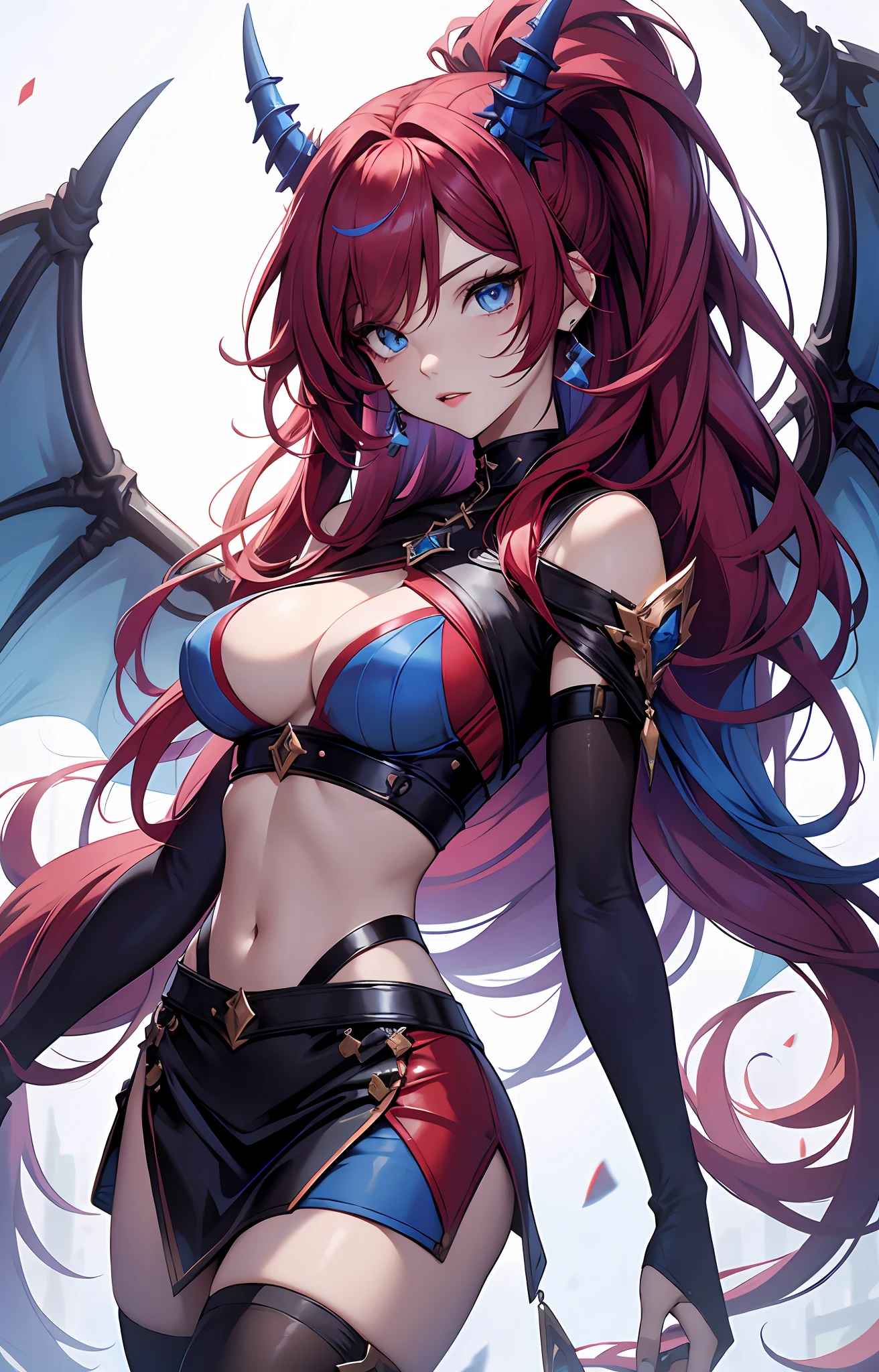best qualityer，tmasterpiece，Ultimate resolution，downy，Extremely colorful，Colorful，Dragon beauty，Mature face shape，Long red and blue hair，blue color eyes，（Long red and blue hair），Redlip，Long messy hair，A pair of dragon horns，A pair of dragon wings，a matural female，Crop topping，Superskirt，The kinky is exposed，Sanctuary，Skysky，Normal posture