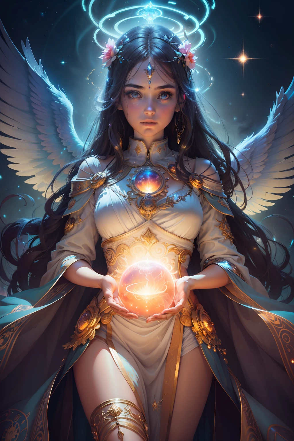 ((best quality)), ((masterpiece)), ((realistic)), portrait, 1girl, celestial, deity, goddess, light particles, halo, looking at viewer, (bioluminescent:0.95) flame, bioluminescence, phoenix, Vibrant, Colorful, Color, (Glow, Glow), (Beautiful Composition), Cinematic Lights, Intricate, (Symmetry: 0.5), Whimsical, Alien Planet