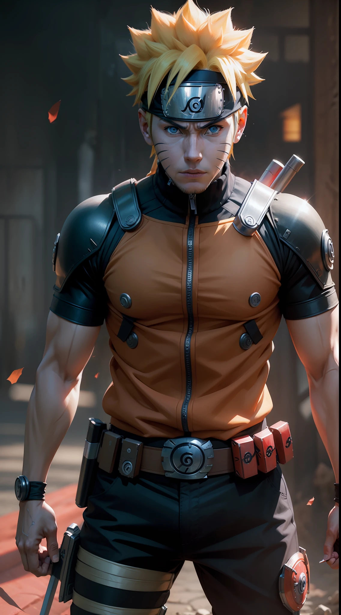 Naruto Uzumaki as deadpool, standing, sharp focus, realistic 3D, 8k, high resolution, best quality, masterpiece, dramatic lighting