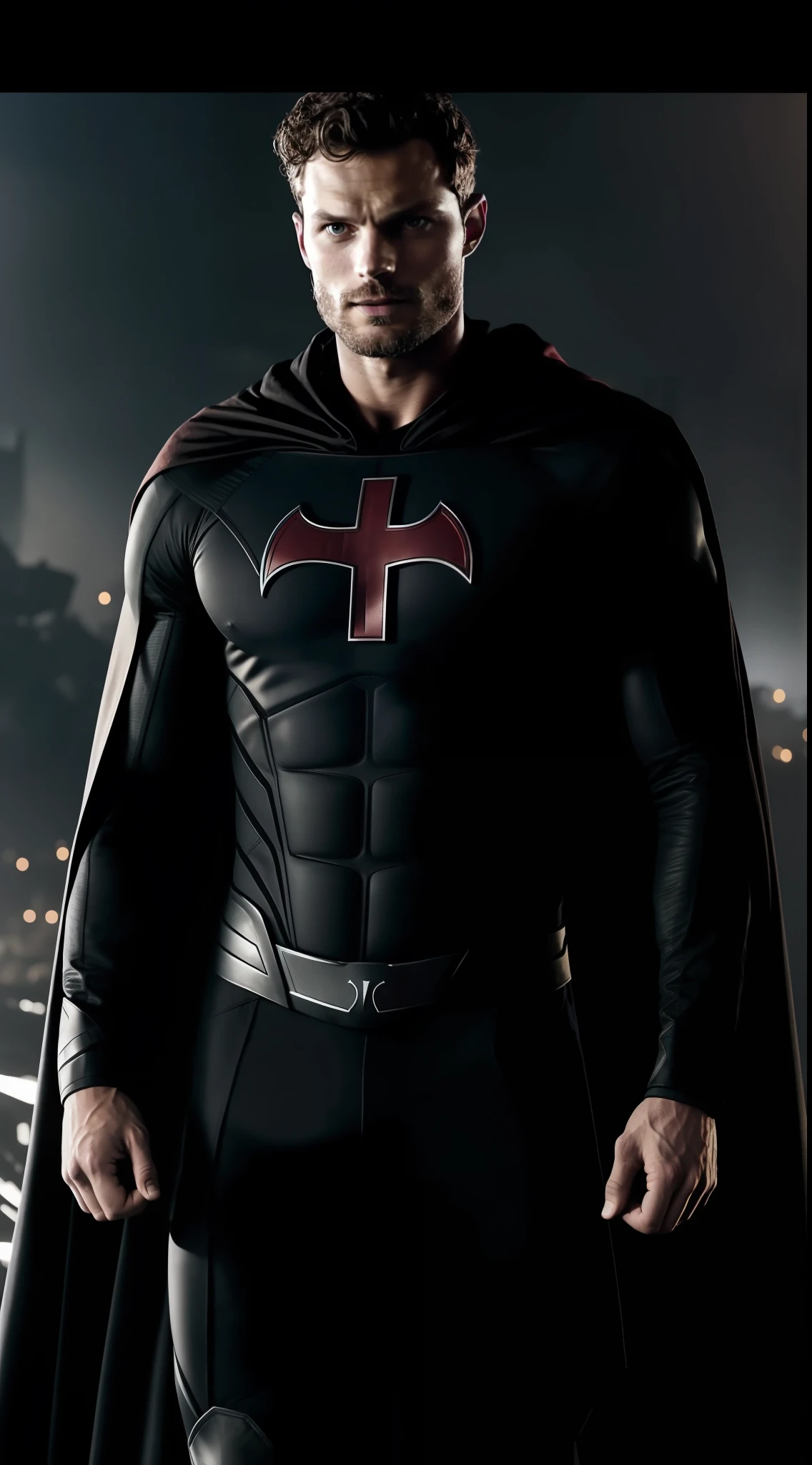 Jamie Dornan as a comic book hero wearing black clothes and capes, with a symbol of the cross of Malta on the chest, semelhante ao ator Jamie Dornan, forte e musculoso, corpo volumoso e definido e forte, Theboys series style, Background of the image of the destroyed city, Jamie Dornan, usando barba preta escura, cabelo curto escuro, Using military superhero equipment, cinematic picture, 8k, Sharp, imagem de alta qualidade, Ultra HD | | | | |, realista.