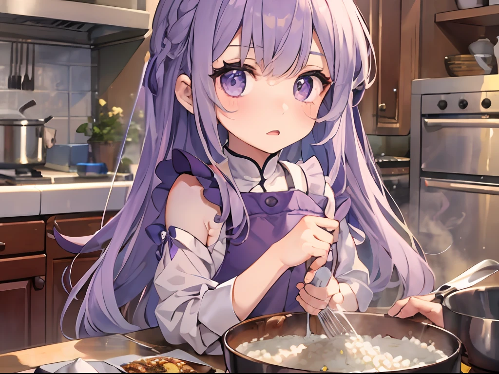 Best quality, tmasterpiece, A 12-year-old girl,Long light purple hair and purple eyes,at the kitchen,There was a large basin of rice on the table,And lots of delicacies,The expression is pitiful and innocent