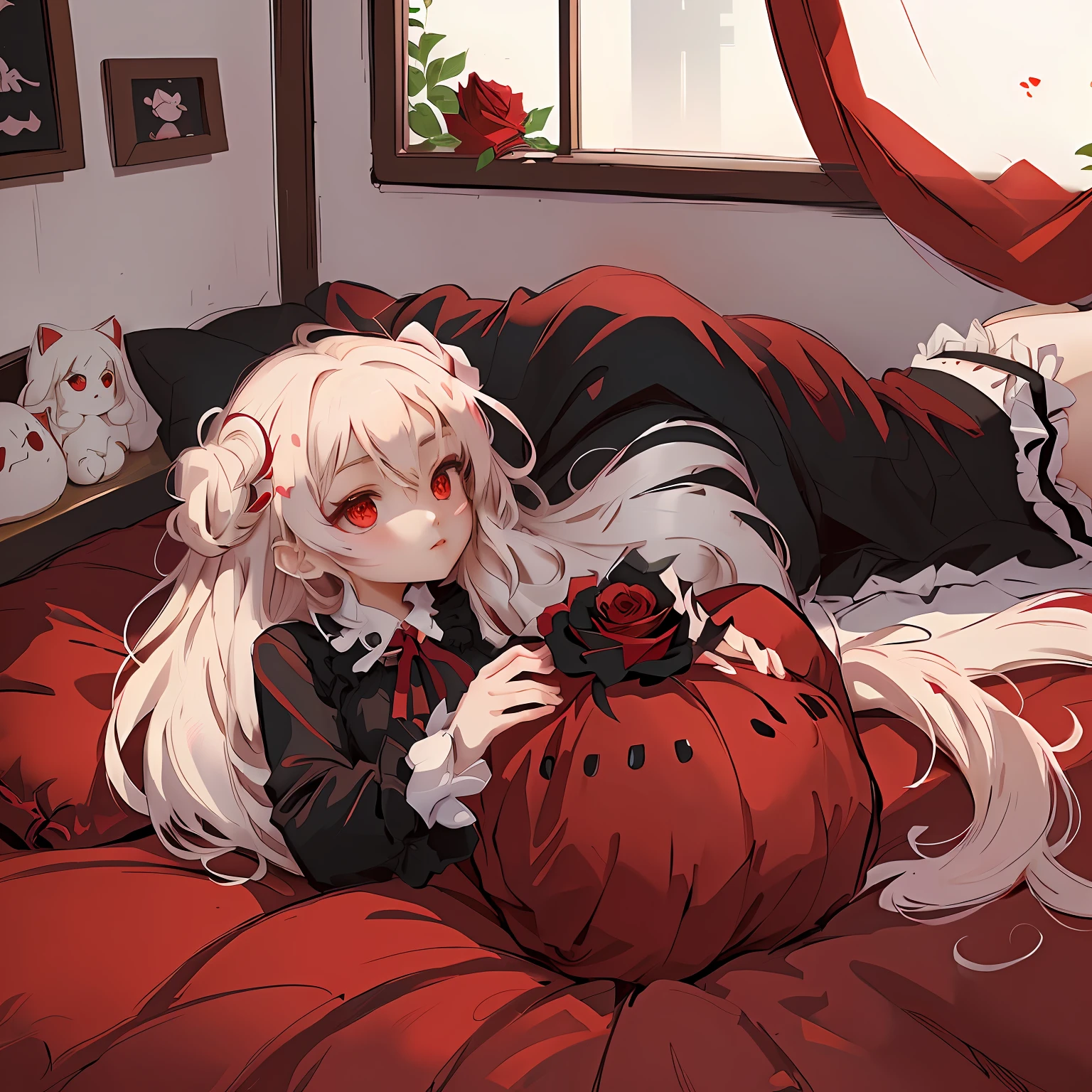 Anime - Female image lying on bed holding a red rose, small curvaceous loli, Loli style, Splash art anime Loli, zerochan art, loli in dress, Digital art on Pisif, Popular on the ArtStation Pixiv, Pisif, small loli girl, crimson themed