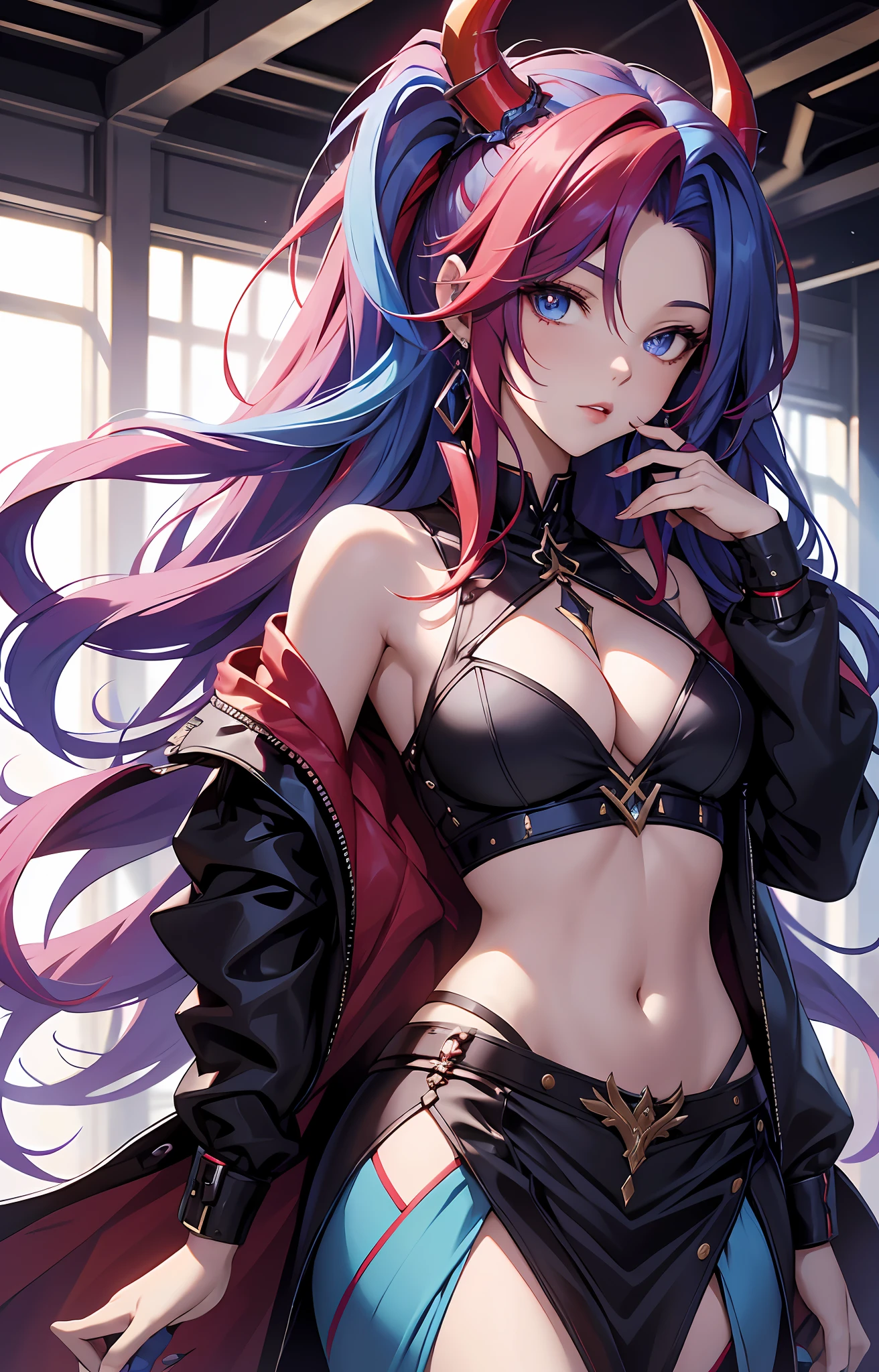 best qualityer,tmasterpiece,Ultimate resolution,downy,Extremely colorful,Colorful,Dragon beauty,Mature face shape,Long red and blue hair,blue color eyes,(Long red and blue hair),Redlip,Long messy hair,A pair of dragon horns,A pair of dragon wings,a matural female,Crop topping,Superskirt,The kinky is exposed,Sanctuary,Skysky,Normal posture