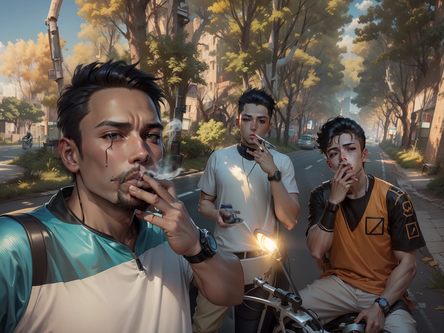 Anime boy smoking cigarettes in road,beautiful background,mecha bike, ultra hd,4k details