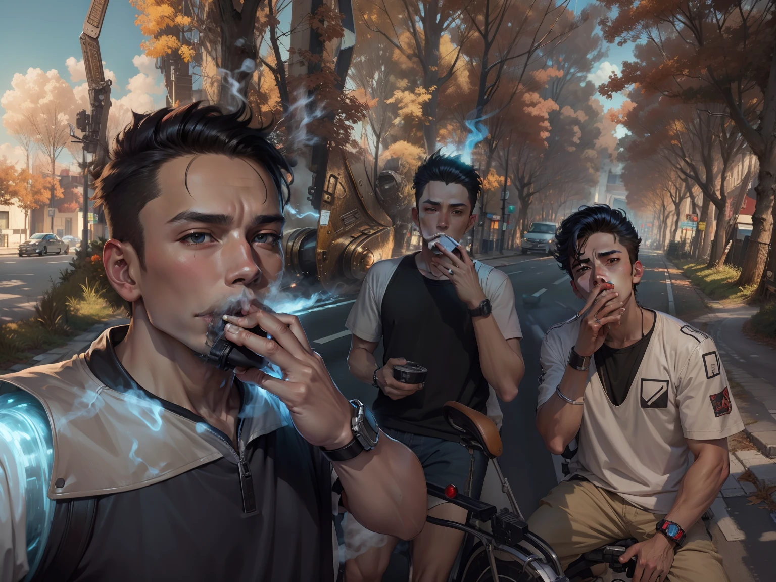 Anime boy smoking cigarettes in road,beautiful background,mecha bike, ultra hd,4k details