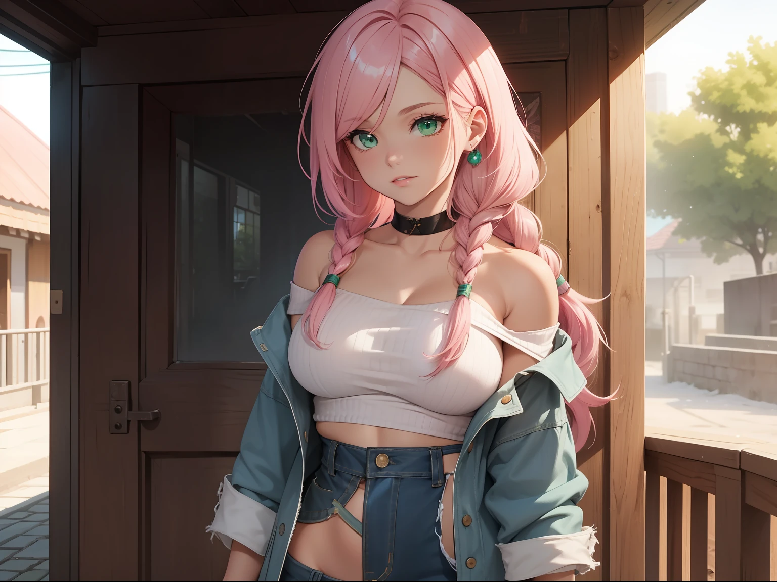 ((Best quality,8K,tmasterpiece:1.4)), Pink hair,Long braid on one side, exteriors,( Pure white off-the-shoulder top,Bare lower half of the chest),huge tit, shiny skins,tight ripped denim shorts, Green eyes