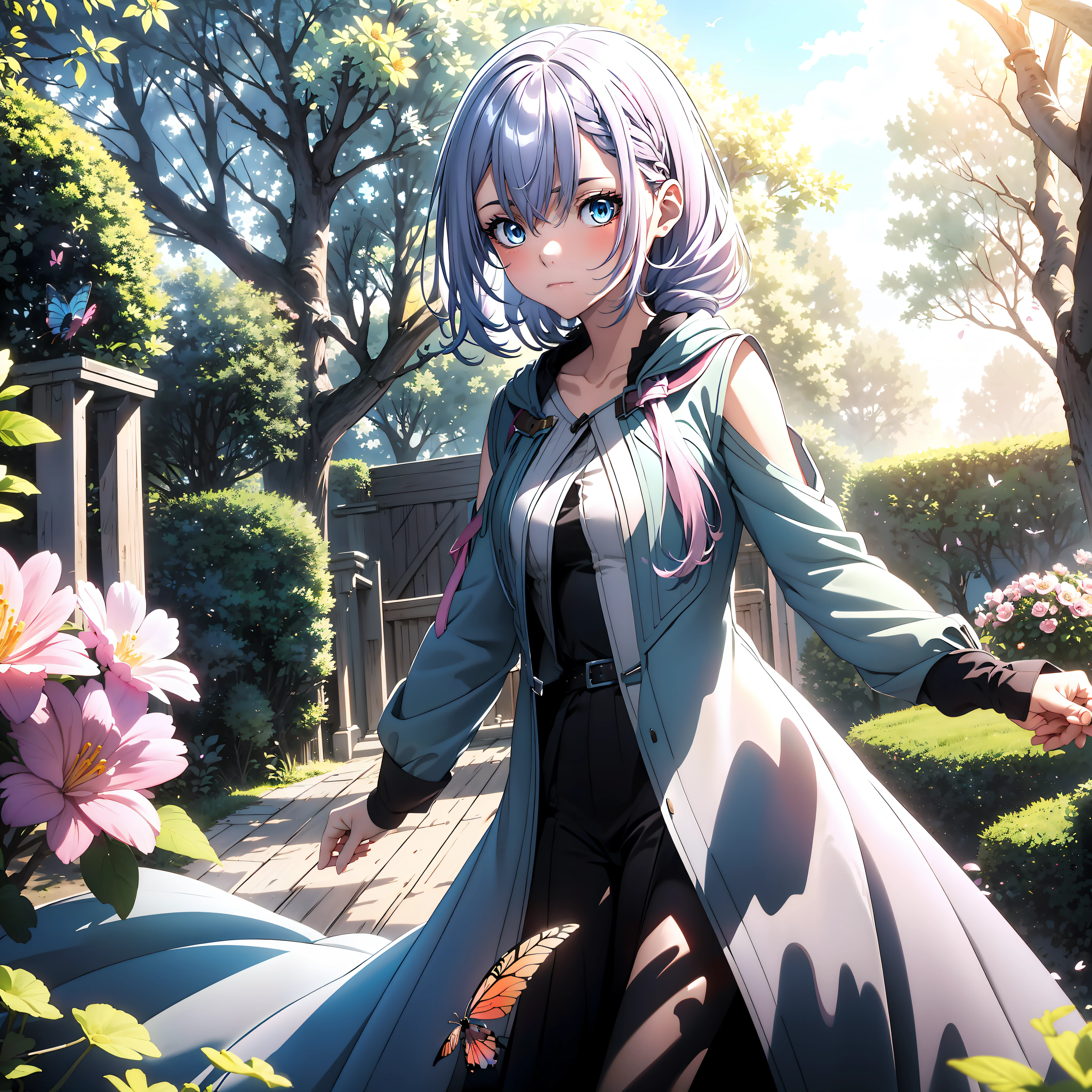 Luna, eu tenho uma habilidade de trapaça em outro mundo e me tornei incomparável no mundo real também,  (extremely detailed CG unity 8k wallpaper, masterpiece, best quality, ultra-detailed), floating, (1girl), (blue eyes + silver hair: 1.3), wearing a white dress, (pink ribbon + feather: 1.1) on the head, standing in a beautiful garden, surrounded by (colorful flowers: 1.2),  (butterflies + birds): 1.1, (sunrays + clouds) in the sky, (watercolor + pastel) style.