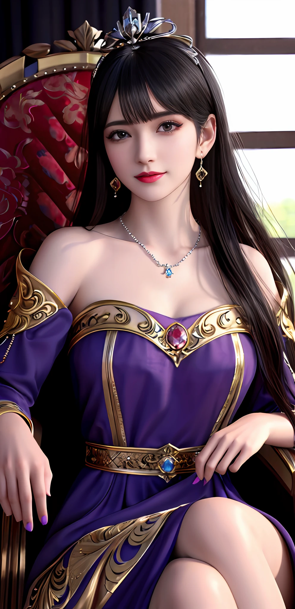 (realisticity: 1.2), best quality, 8K UHD, masterpiece, highres,cg,
1 super detailed girl, super detailed queen

, sitting on a super detailed royal throne, lud, xurious royal palace background, beautiful and detailed, super detailed long hair, wearing a beautiful and luxurious crown with diamonds and super detailed,

super detailed dress, Super detailed dress sleeves, super detailed beautiful earrings, Beautiful and beautiful necklace full of super detailed diamonds,  
 solo, jewelry, super detailed red and yellow dress, pretty face, beautiful, and super detailed, 

, earrings, super detailed hairdo, splashing, the upper body is very super detailed, super detailed hair bun, super detailed black hair,
lighting,candid,Photograph,high resolution,4k,8k,Bokeh,