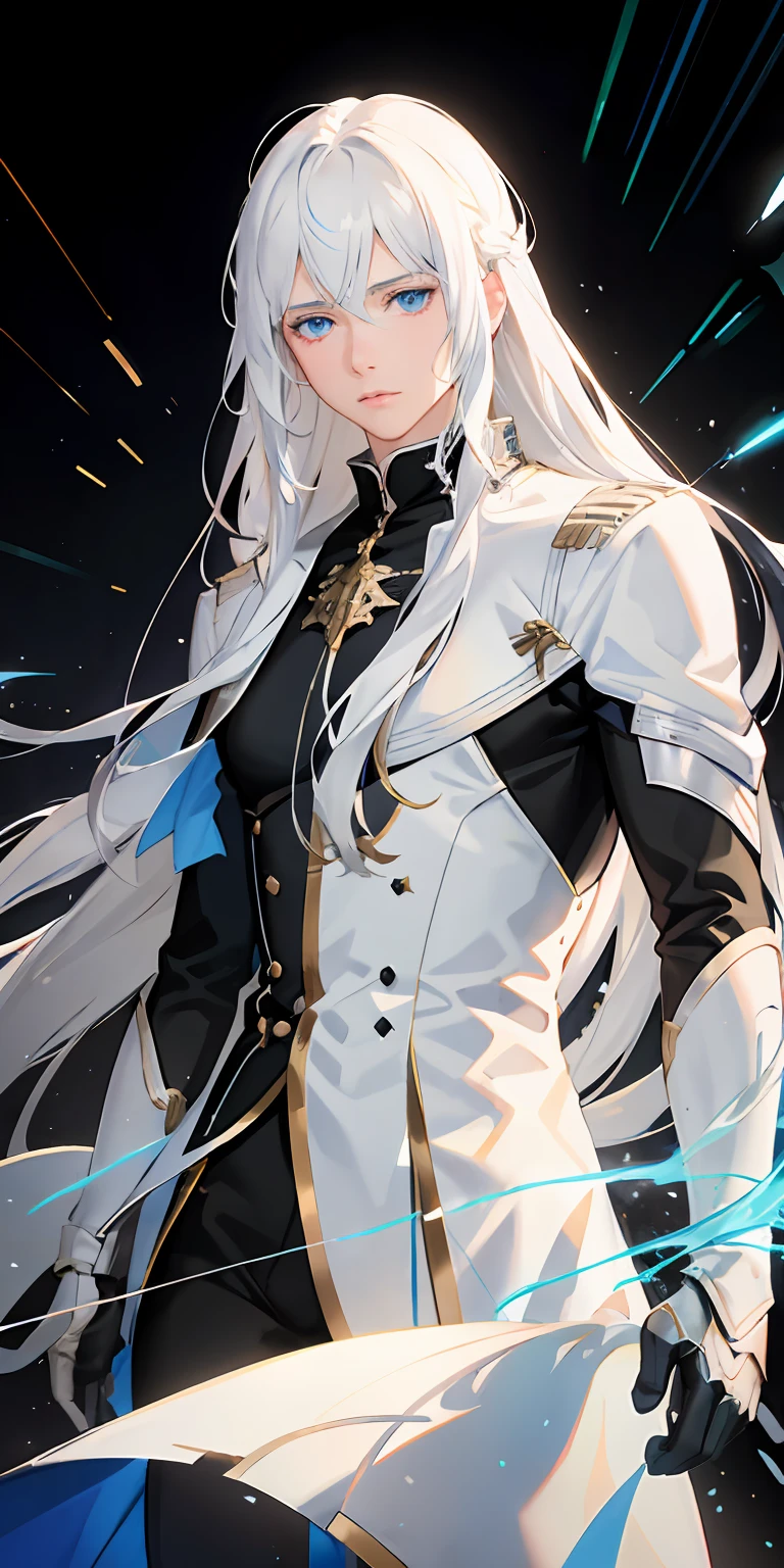 realistic, 1male, white hair, blue eyes, light particles, light rays, long hair, mascular, ruin,