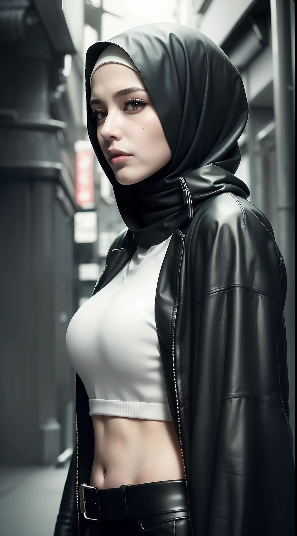 (Neon Cyberpunk Hijab: 1.5), [Style: Neon Cyberpunk: 1.3], (RAW Photos: 1.2), (Perfect Eyes: 1.5)),  (Photorealistic: 1.4), (Masterpieces: 1.3), (Best Quality: 1.4), Dreamy, (Detailed Eyes), (Detailed Facial Features), ( (8k:1.27), best quality, masterpiece, Hijab hair, ultra highres:1.2) Photo of Pretty woman (beautiful:1.1) (sci-fi woman:1.1), (Hijab cloak: 1.61) (Hijab leather Coat:1.21) intricate elegant, fantasy, detailed, ometric by greg rutkowski and alphonse mucha, gradient lighting